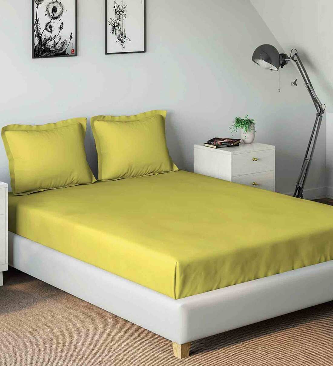 Buy Yellow Solid 210 TC Cotton 1 Double King Size Bedsheet with 2