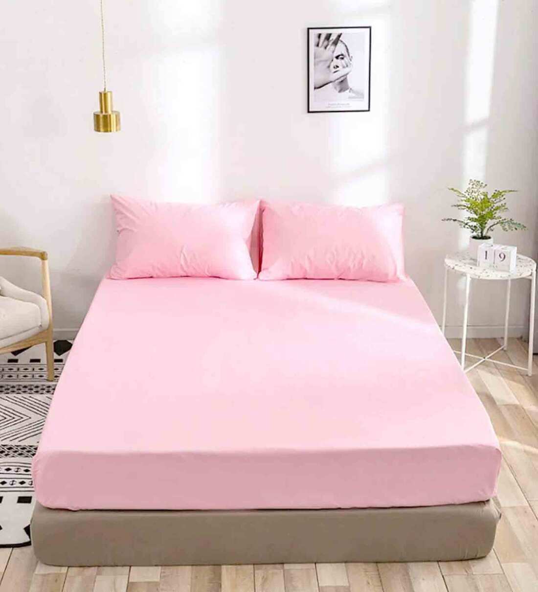 Buy Pink Solid 210 TC Cotton 1 Double King Size Bedsheet with 2 Pillow