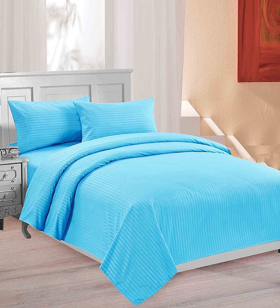 Buy Blue Solid 220 TC Cotton 1 Double King Size Bedsheet with 2 Pillow Covers by WRAPRY Online