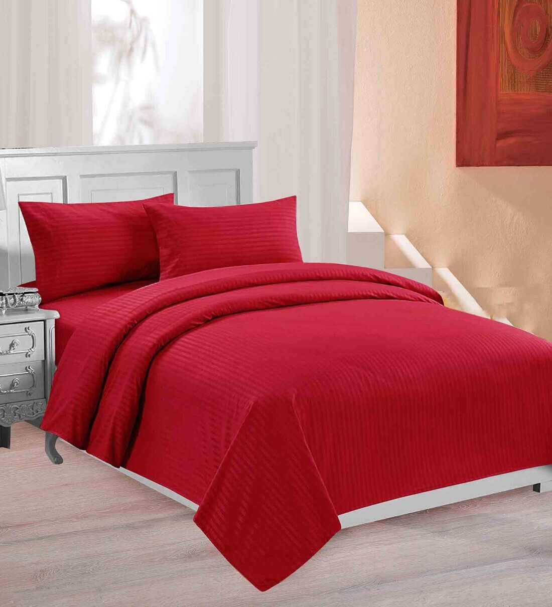Buy Red Solid 220 TC Cotton 1 Double King Size Bedsheet with 2 Pillow