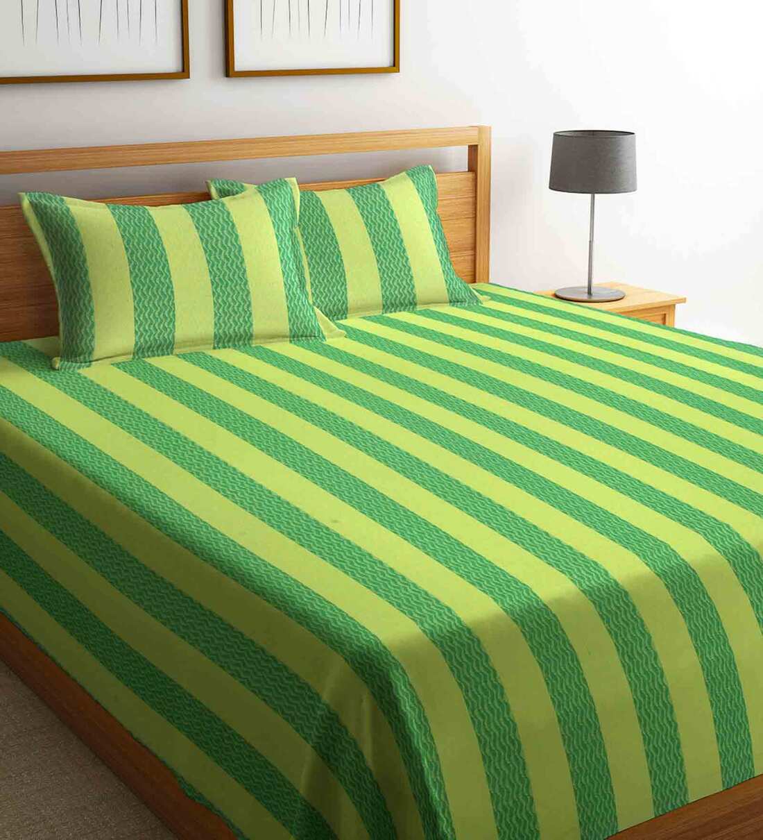Buy Green Geometric 300 TC Cotton Double Bed Cover with 2 Pillow Covers