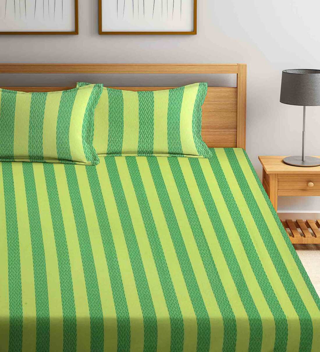 Buy Green Geometric 300 TC Cotton Double Bed Cover with 2 Pillow Covers