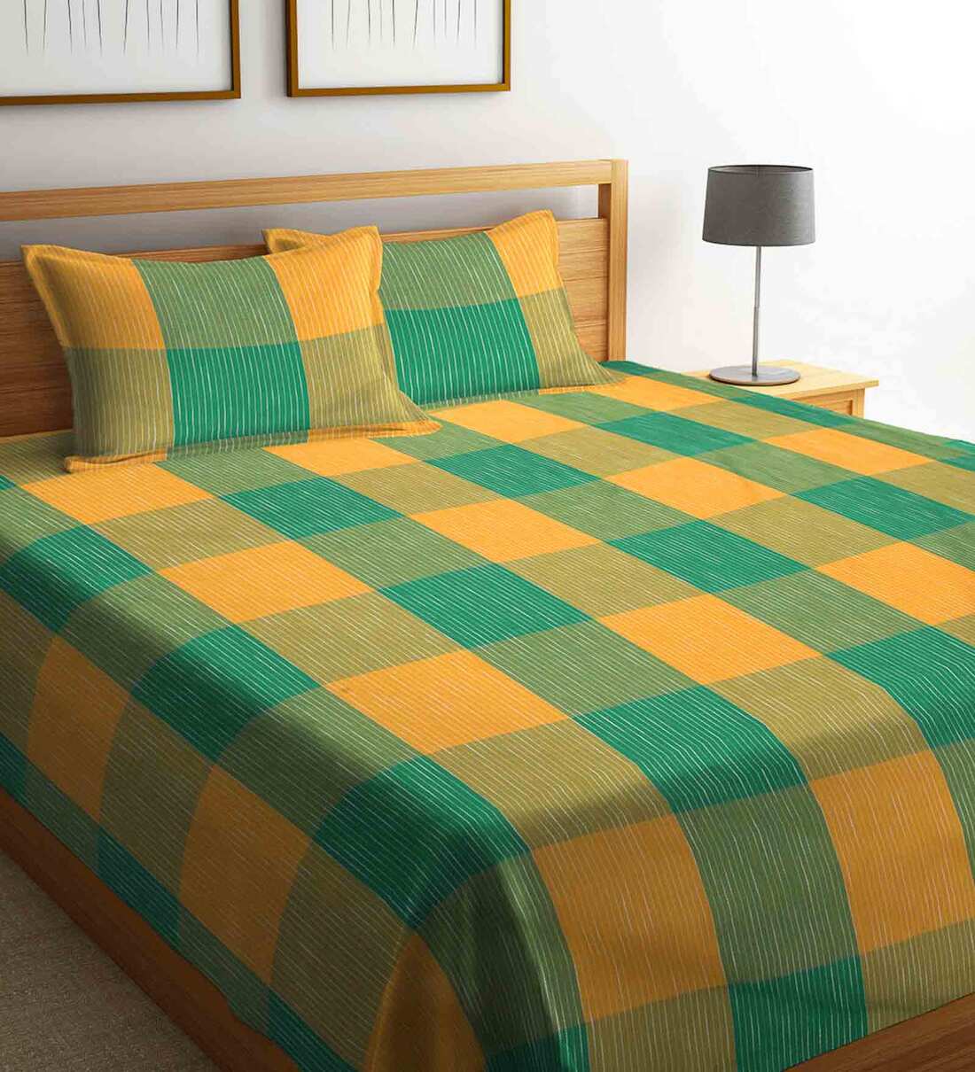 Buy Green Geometric 300 TC Cotton Double Bed Cover with 2 Pillow Covers