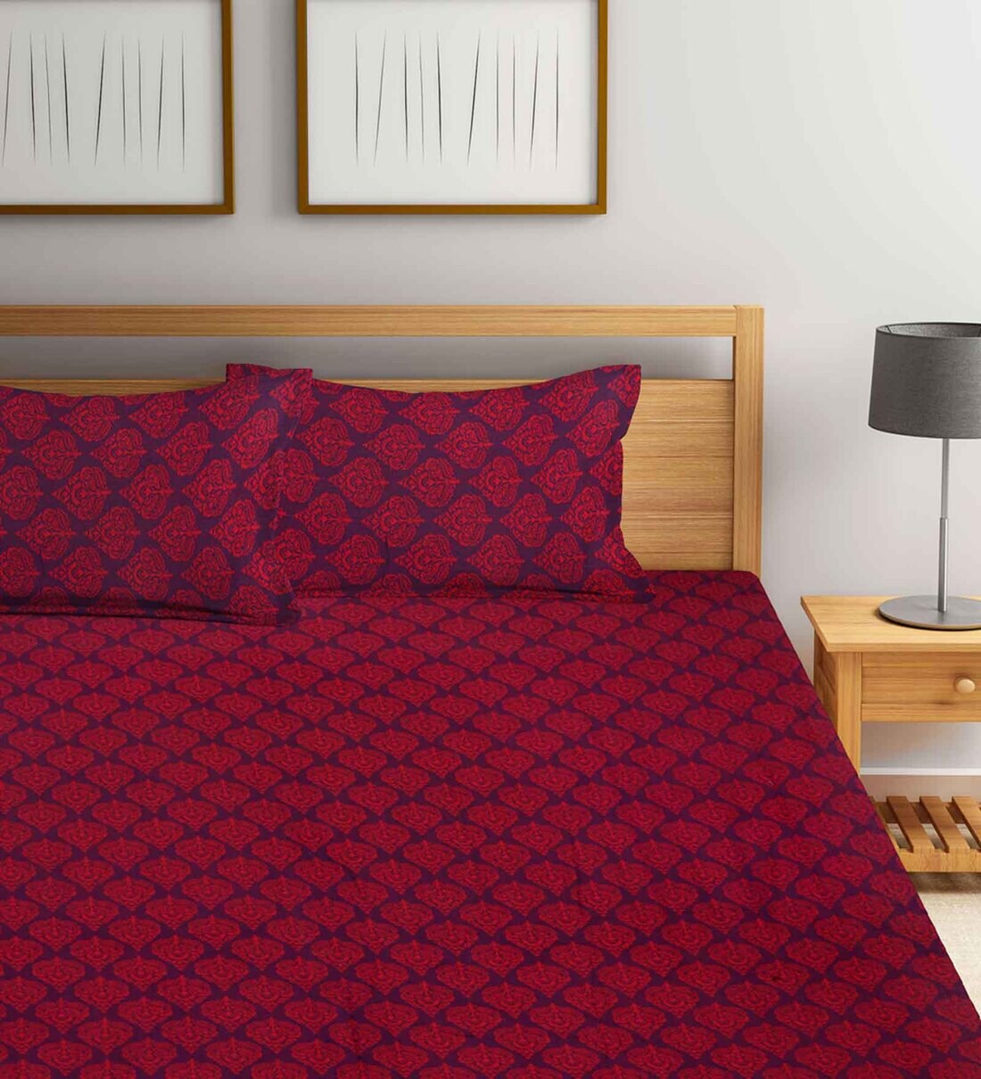 Buy Red Geometric 300 TC Cotton Double Bed Cover with 2 Pillow Covers
