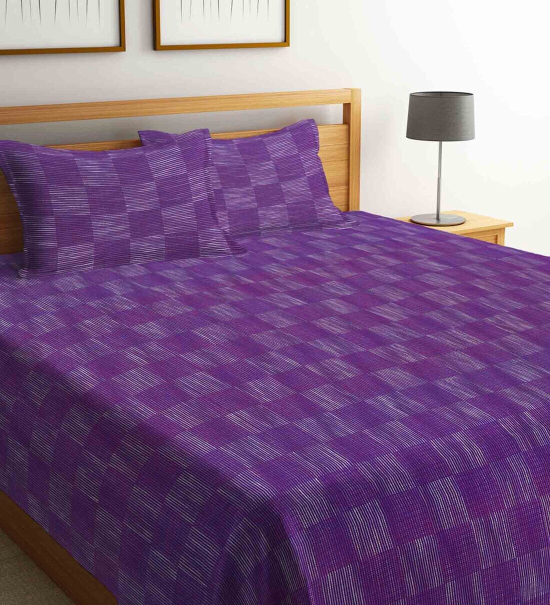 Buy Purple Geometric 300 TC Cotton Double Bed Cover with 2 Pillow Covers by Arrabi Online