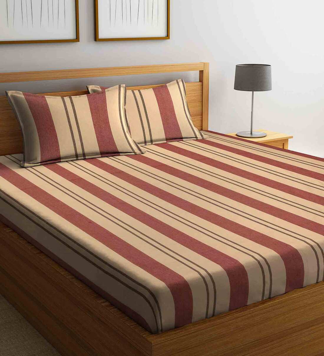 Buy Beige Geometric 300 TC Cotton 1 Double Bedsheet With 2 Pillow Covers By Arrabi Online ...