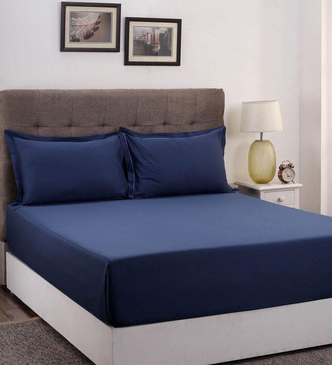 Buy Blue Solid 400 TC Cotton 1 Double King Size Bedsheet with 2 Pillow