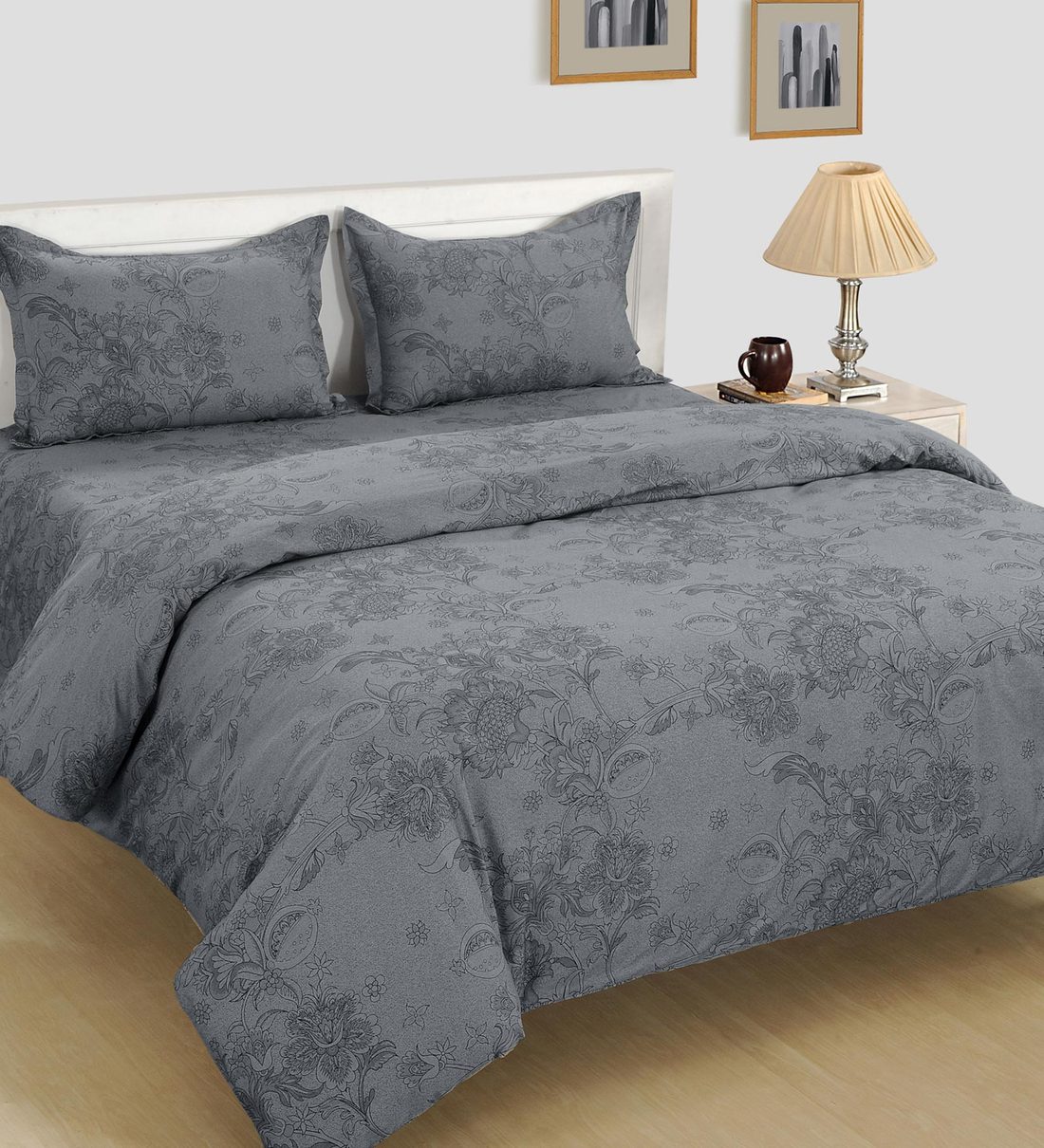 Buy Grey Floral 600 TC Cotton 1 Double King Size Bedsheet with 2 Pillow