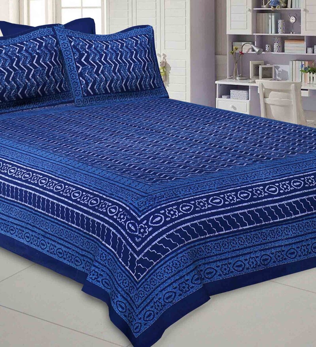 Buy Blue Traditional 240 TC Cotton 1 Double Bedsheet with 2 Pillow
