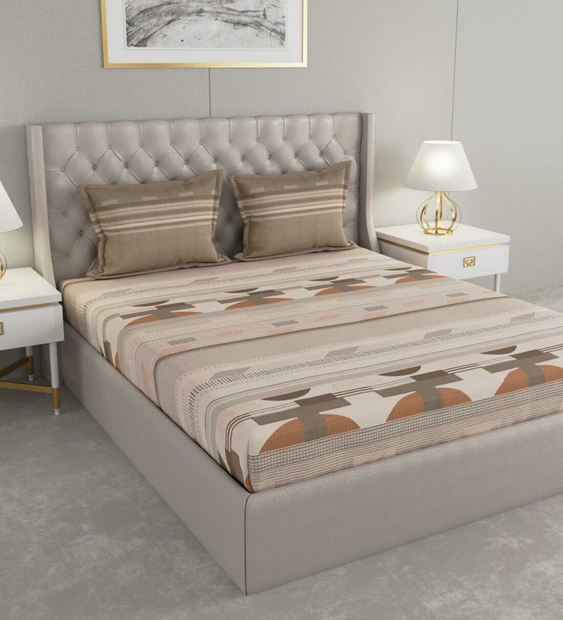 Buy Brown Geometric 144 TC Cotton Double Queen Bedsheet With 2 Pillow