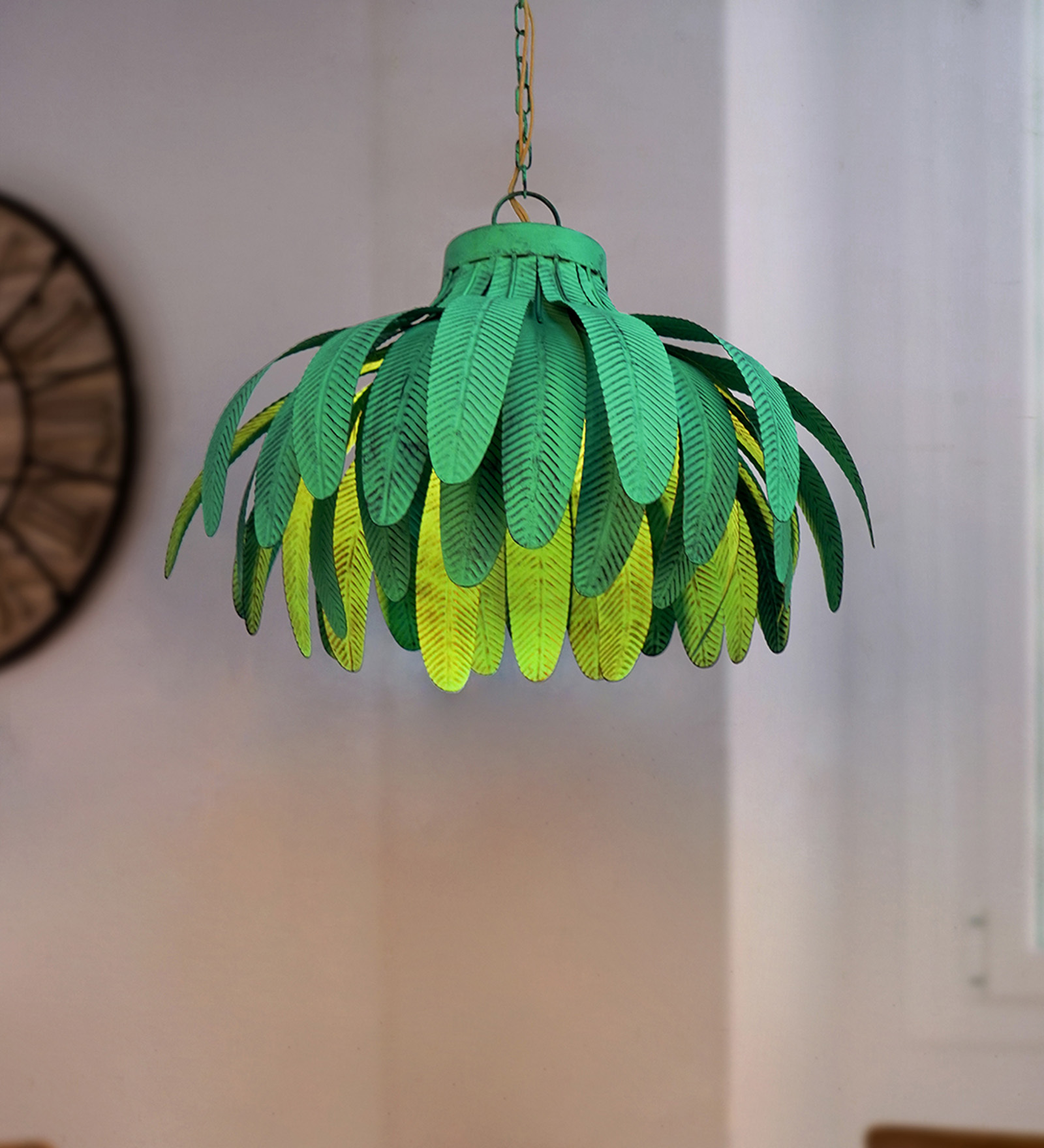Coastal Green Palm leaves 20 Inch Wide Single-Light Steel Ceiling Pendant Hanging Coastal Green Palm leaves 20 Inch Wide Single-Light Steel Ceiling Pendant Hanging