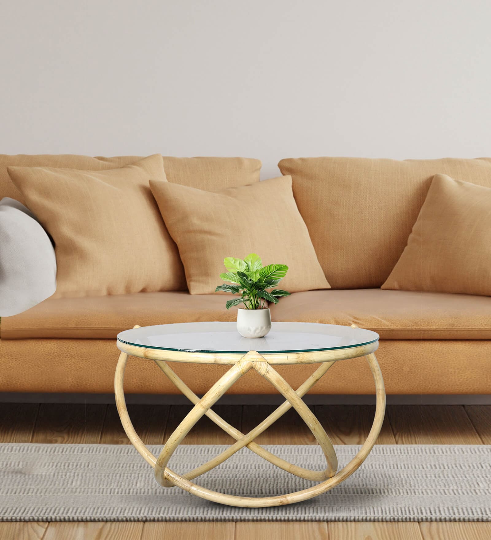 Coastal Rattan Coffee Table in Natural Finish With Glass