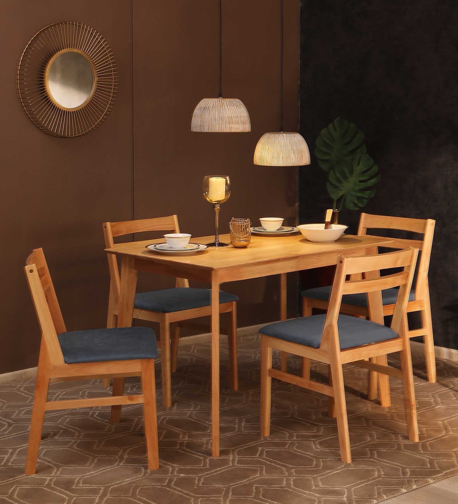 Cobain Solid Wood 4 Seater Dining Table Set In Natural Finish Cobain Solid Wood 4 Seater Dining Table Set In Natural Finish
