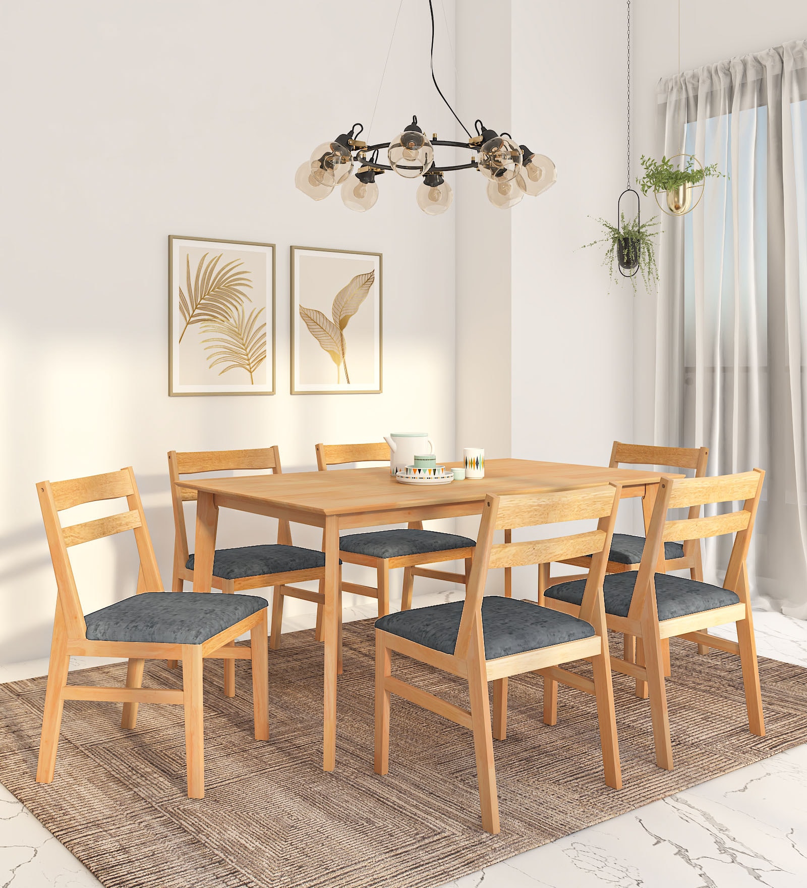 Cobain Solid Wood 6 Seater Dining Set In Natural Finish