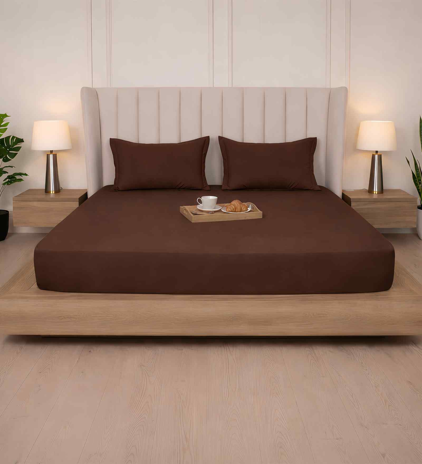 Cocoa Brown Solid 300 TC Pure Cotton King Fitted Bedsheet with 2 Pillow Covers