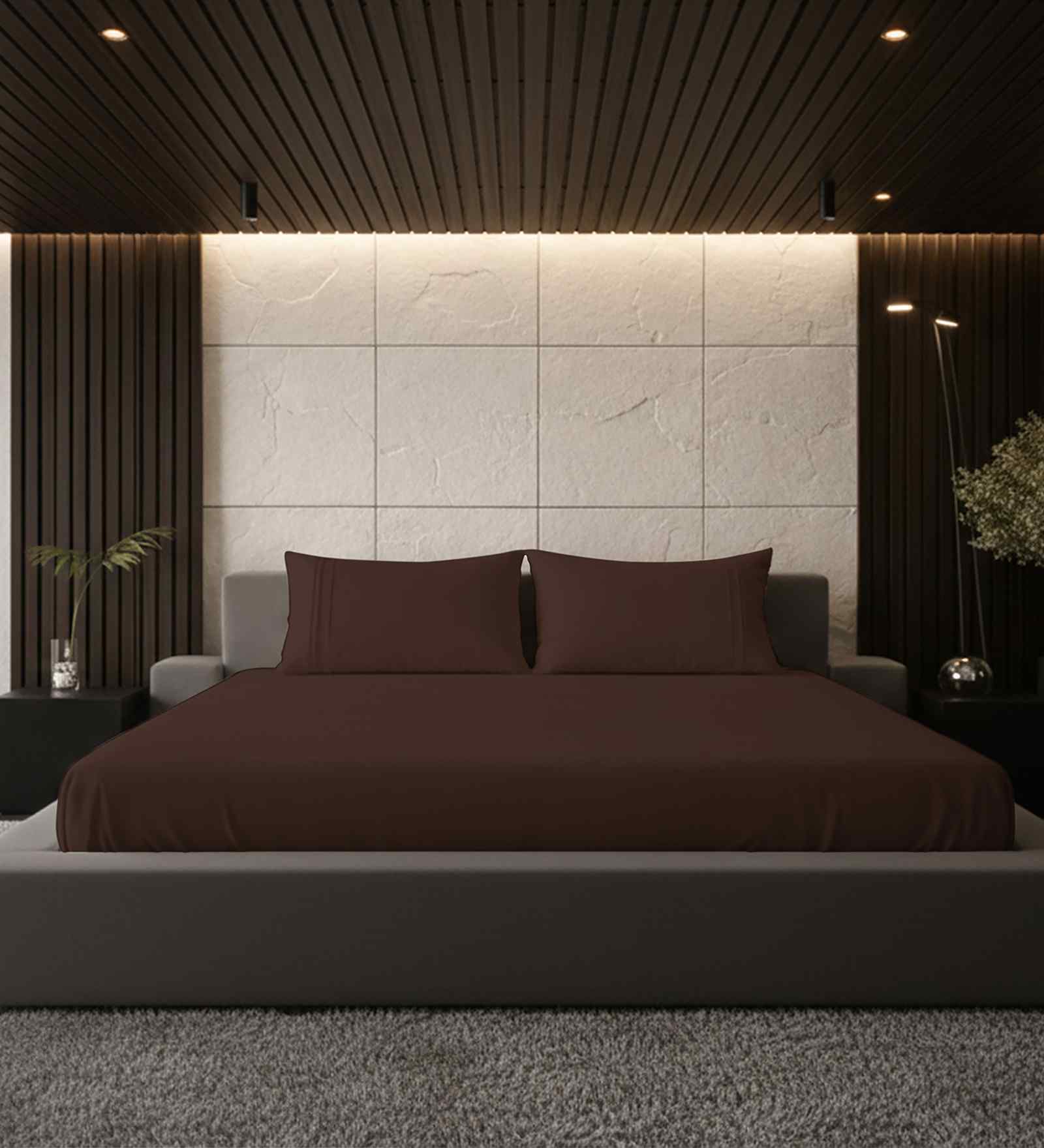 Cocoa Brown Solid 500 TC Pure Cotton King Fitted Bedsheet with 2 Pillow Covers
