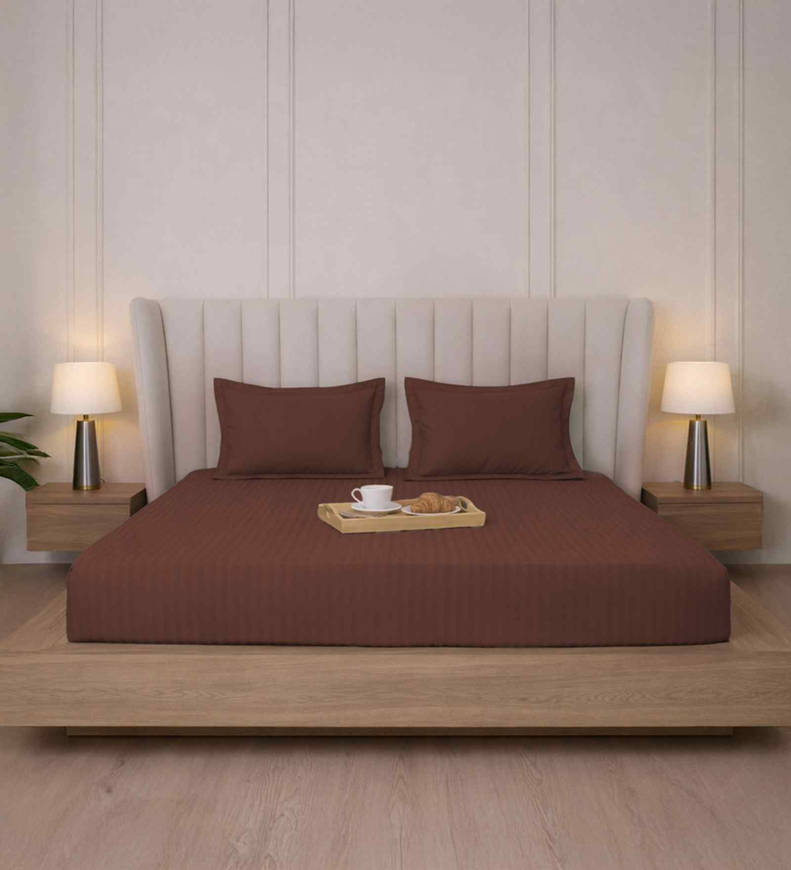 Cocoa Brown Stripe 300 TC Pure Cotton King Fitted Bedsheet with 2 Pillow Covers