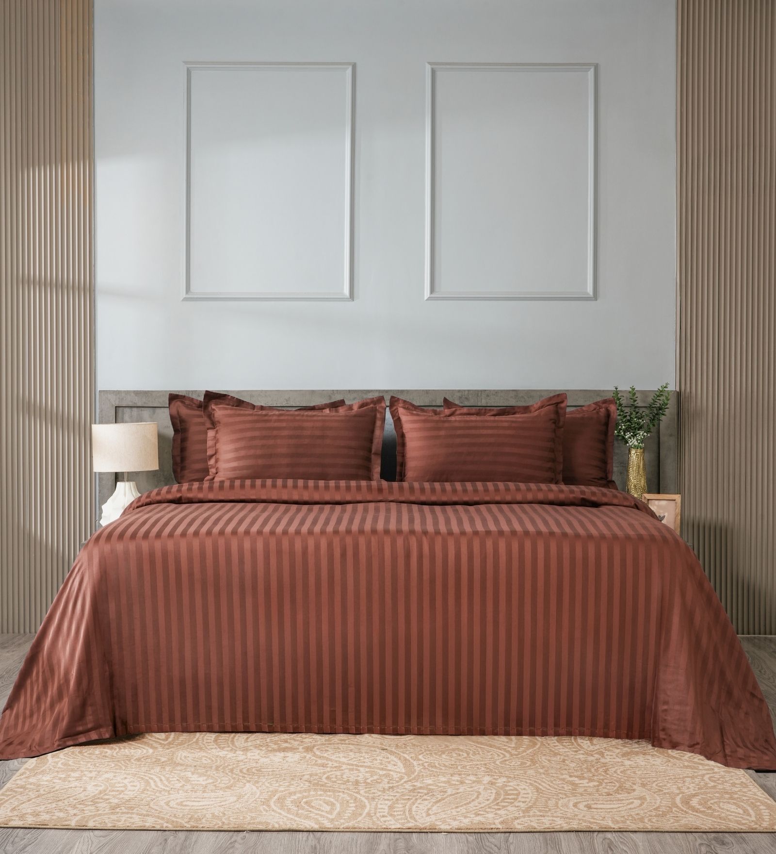 Brown 300TC 100% Cotton Stripe Flat Super King Bedsheet with 2 Pillow Covers