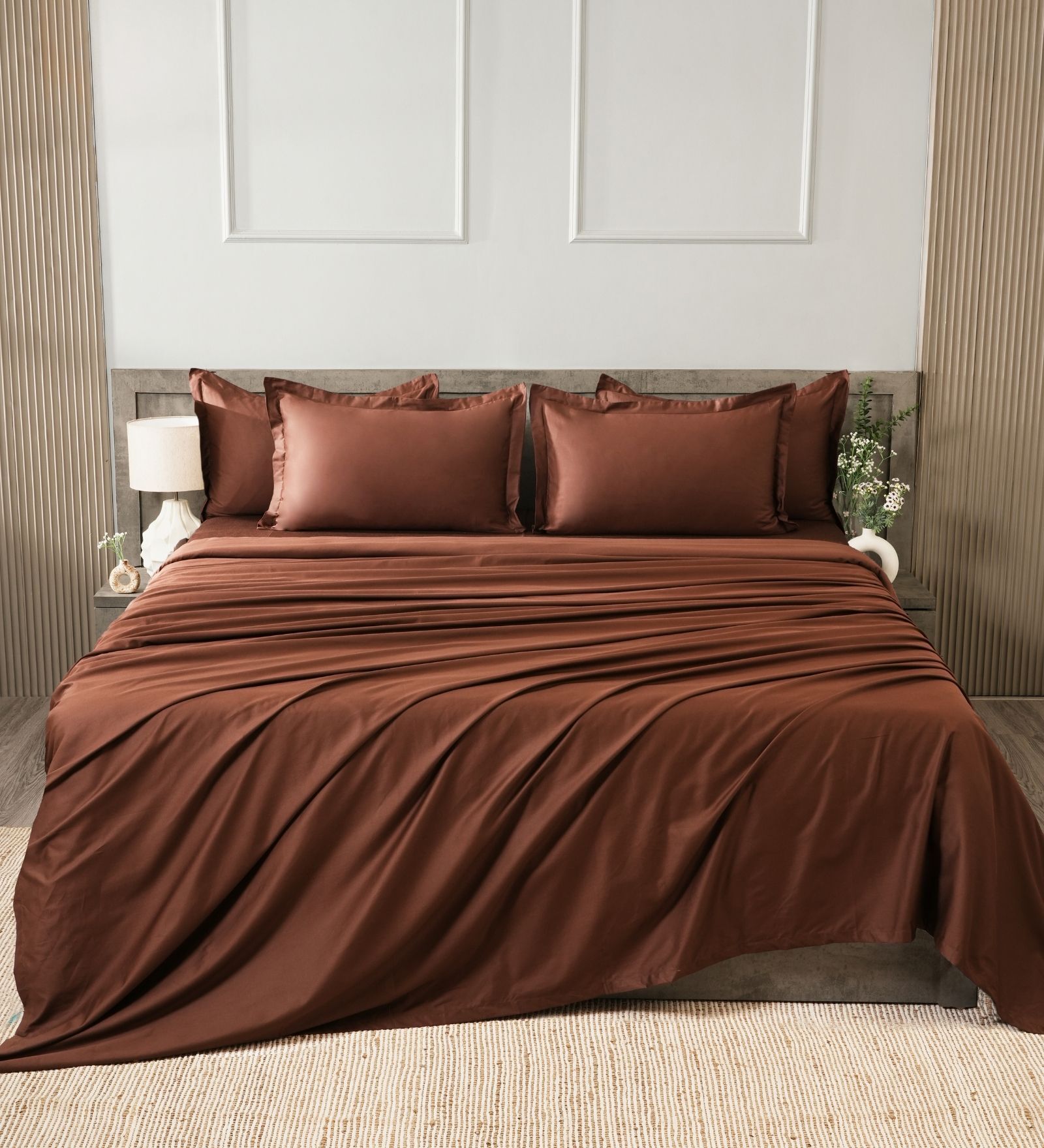 Brown 400TC 100% Cotton Solid Flat Super King Bedsheet With 2 Pillow Covers