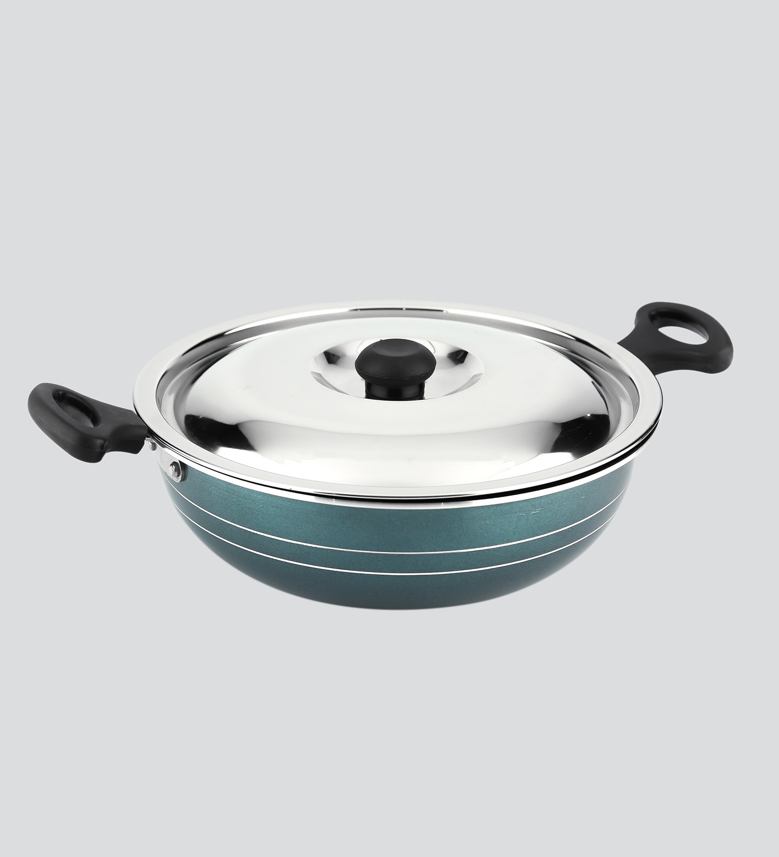Flat Base 26cm Dia Non- Stick Green & Black Aluminium Kadhai with Lid