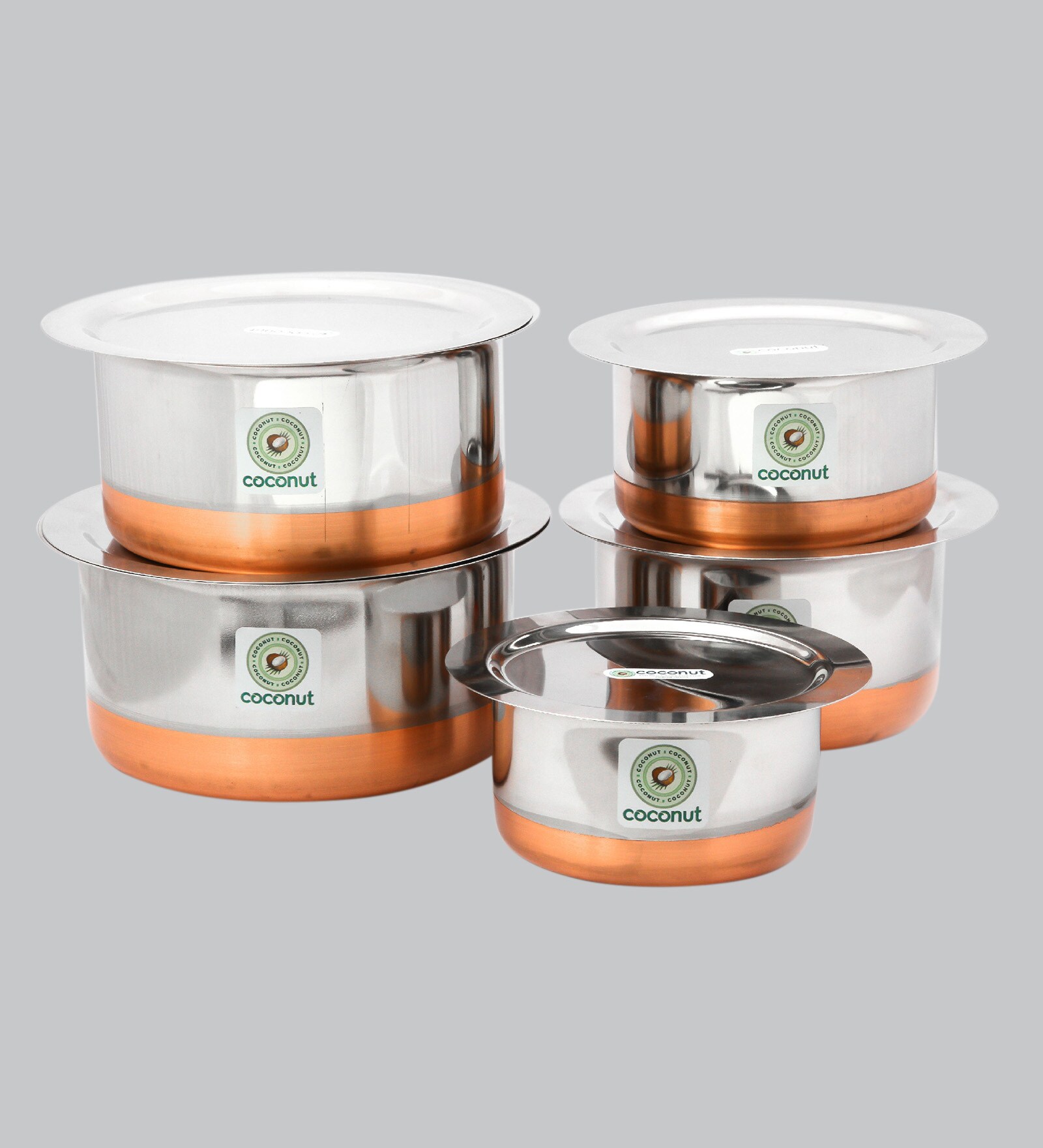 Copper Base Induction Friendly Silver Stainless Steel (Set of 5) Cooking Pot with Lid