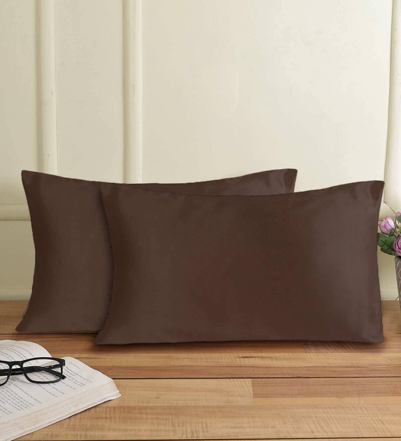 Coffee Solid 210TC Satin 17 x 27 Inch Pillow Covers (Set of 2)