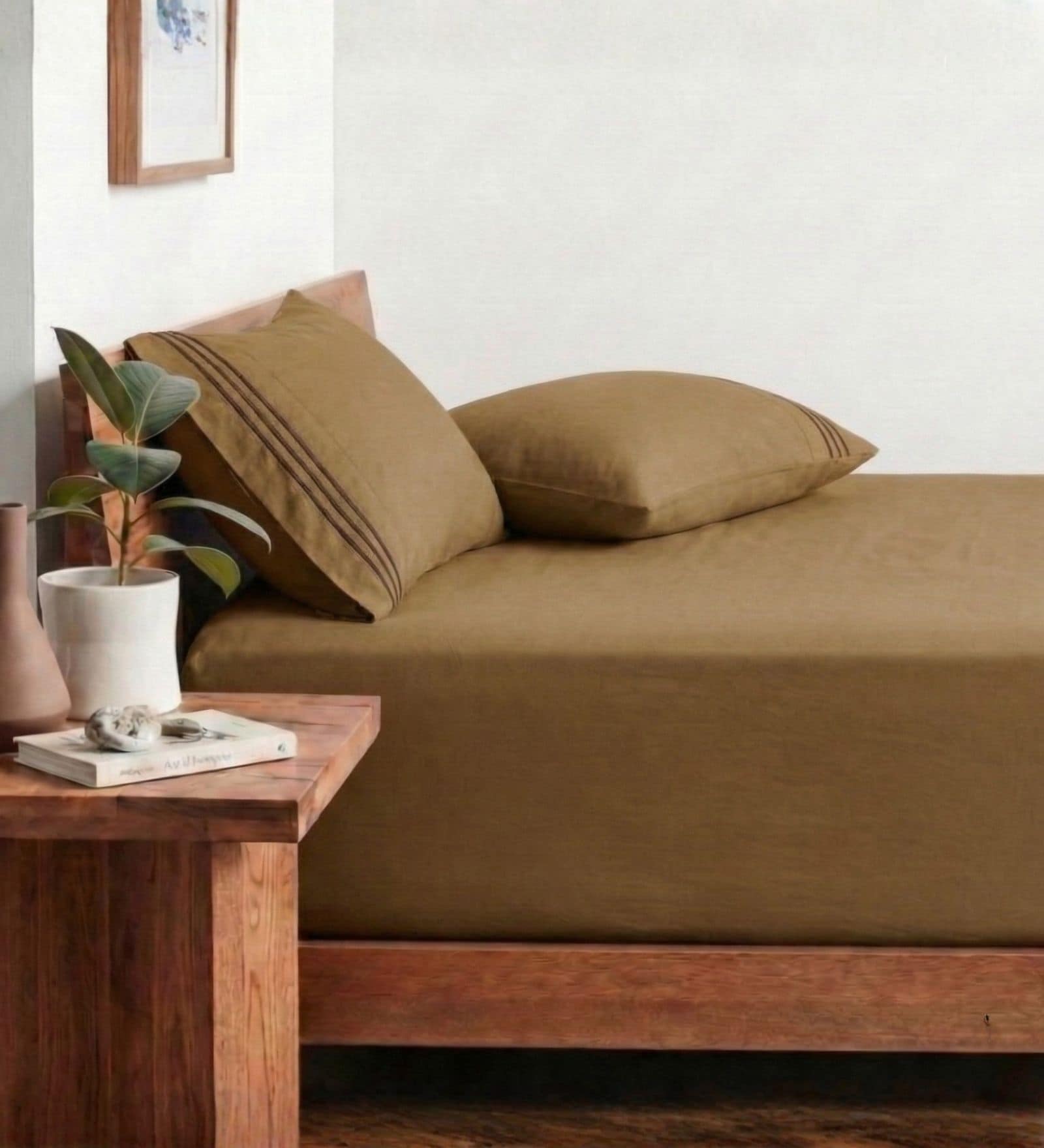 Coffee Brown 210 TC Cotton King Size Bedsheet with 2 Embroidered Pillow Covers