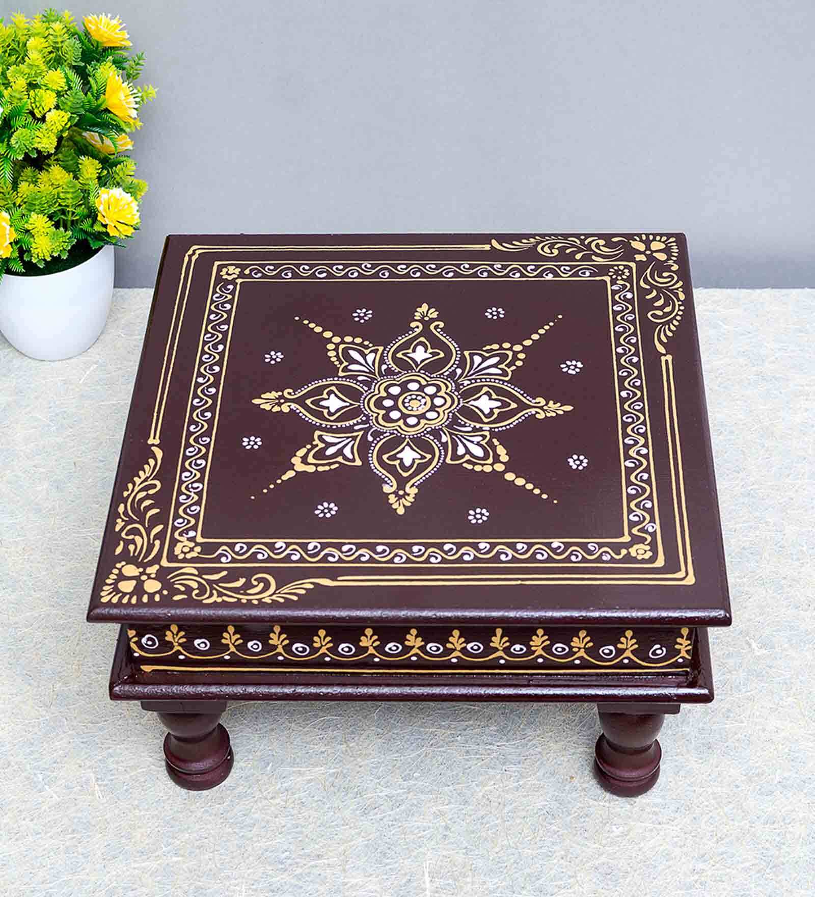 Coffee Brown Hand Painted Wooden Pooja Chowki
