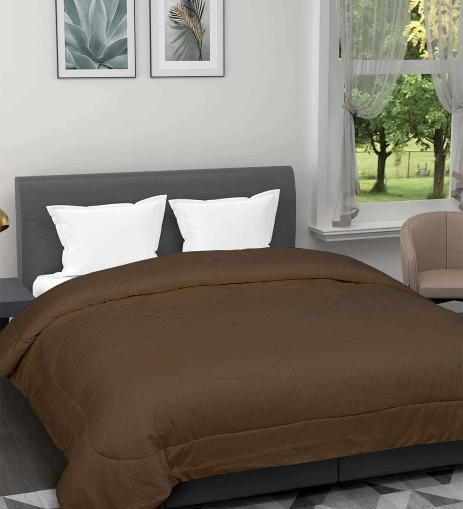 Coffee Brown Poly Cotton Striped 150 GSM Double Bed Comforter