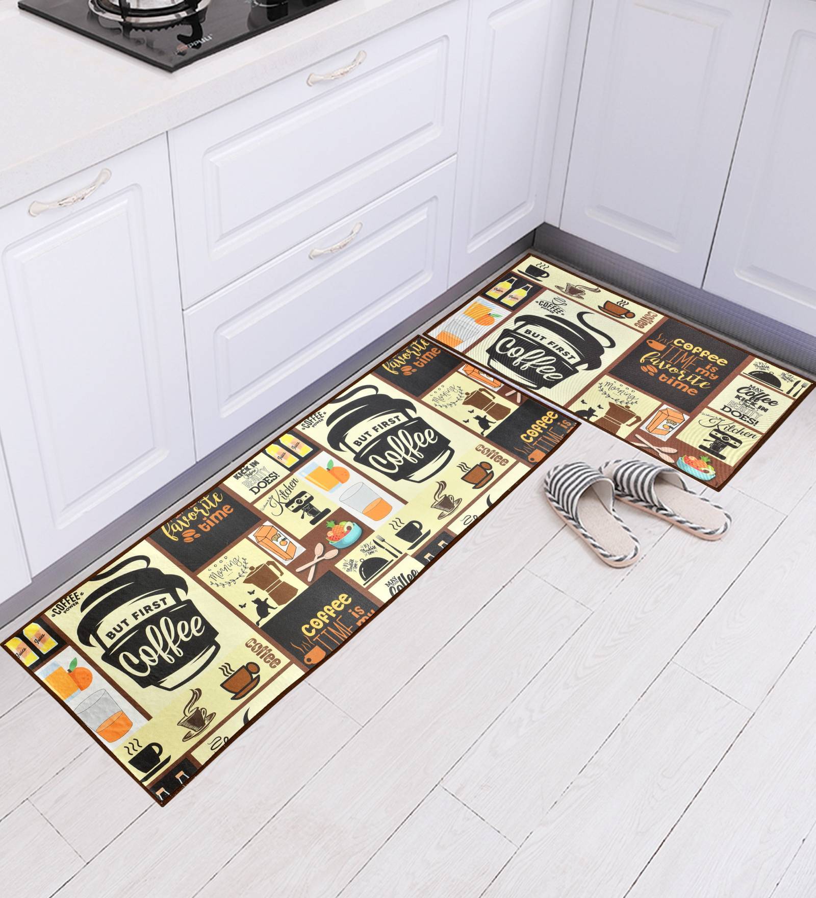 Coffee First Digital Printed Max Absorbant Kitchen Floor Runner with Mat Combo