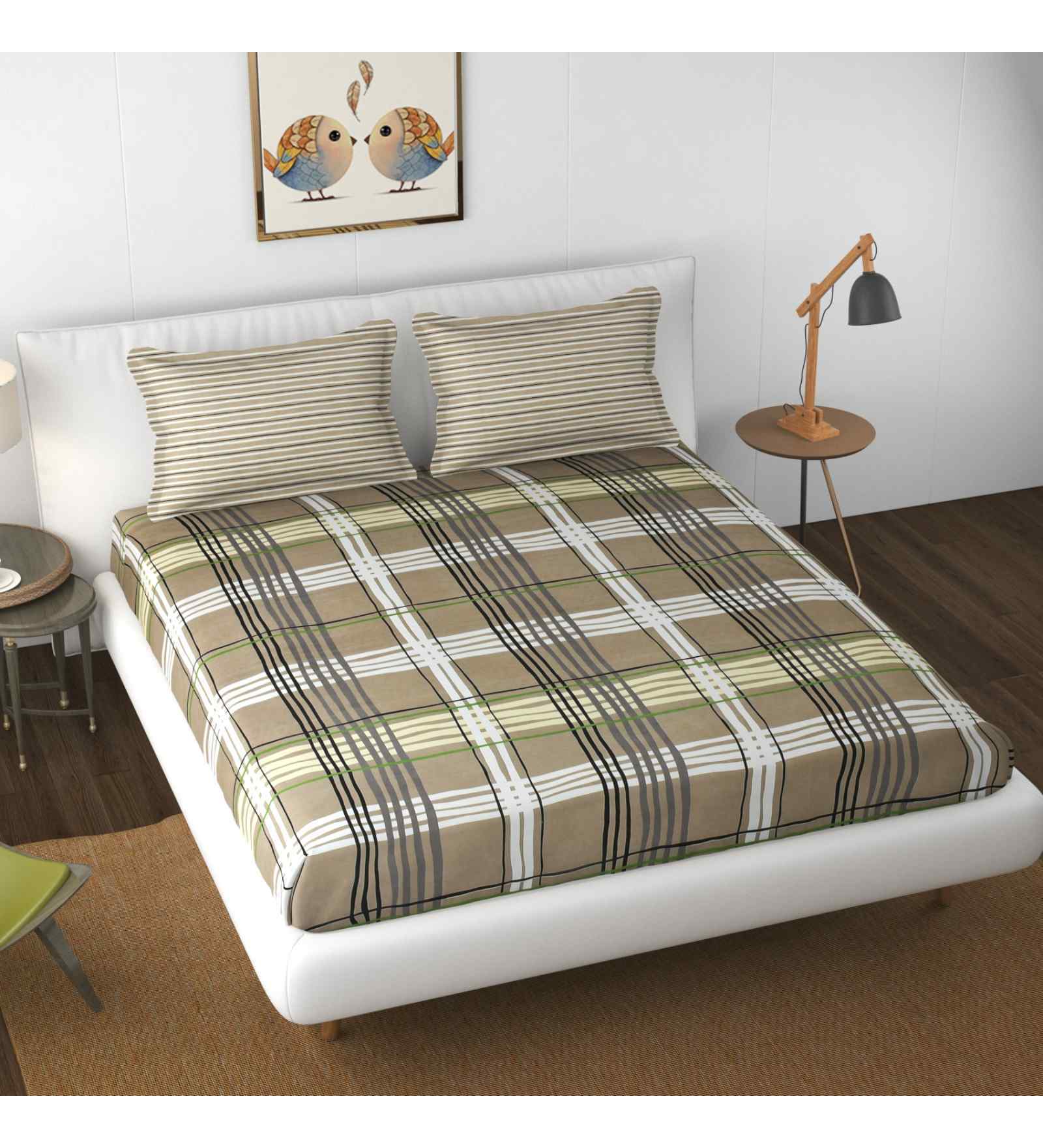 Coffee Floral 144 TC Microfiber Checkered Queen Sized Bedsheet Bedsheet 2 Pillow Heaven Collection