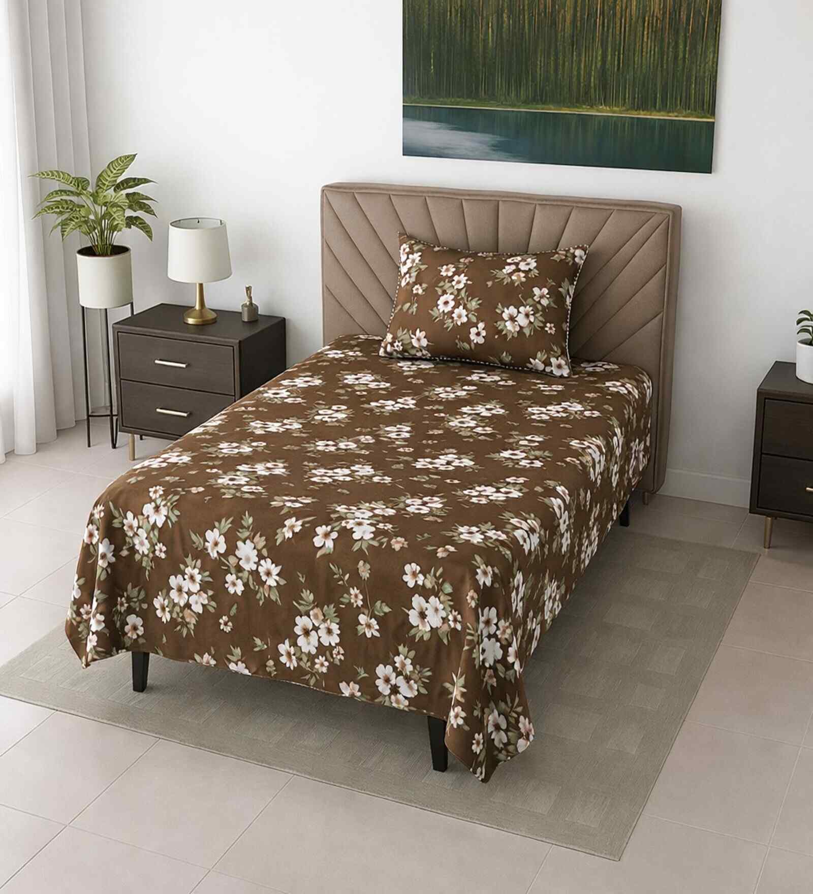 Coffee Floral 290 Tc Cotton Single Bedsheet With 1 Pillow Cover