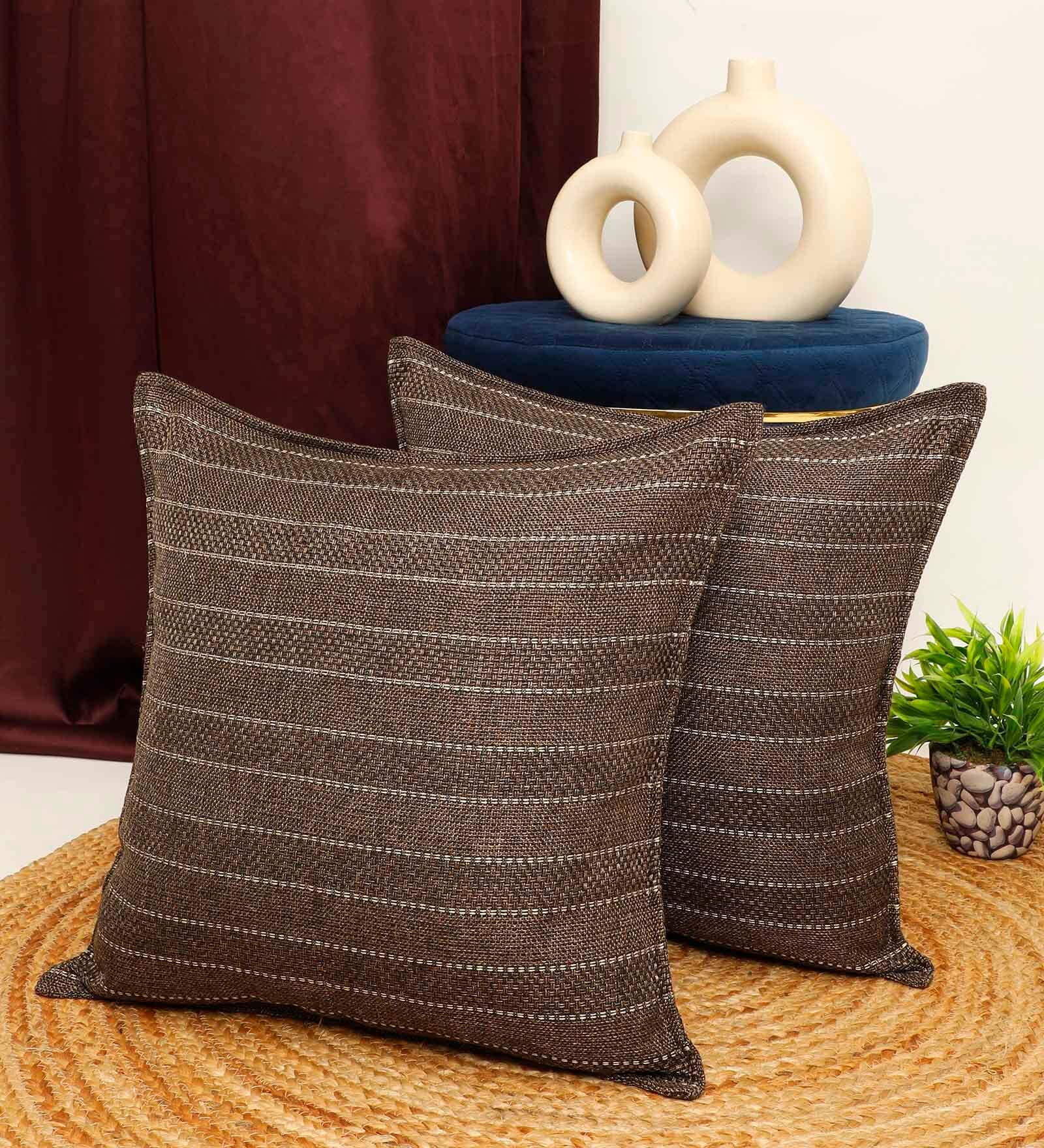Coffee Jute Stripes 16x16 inches  Regular Cushion Covers  (2Pcs)