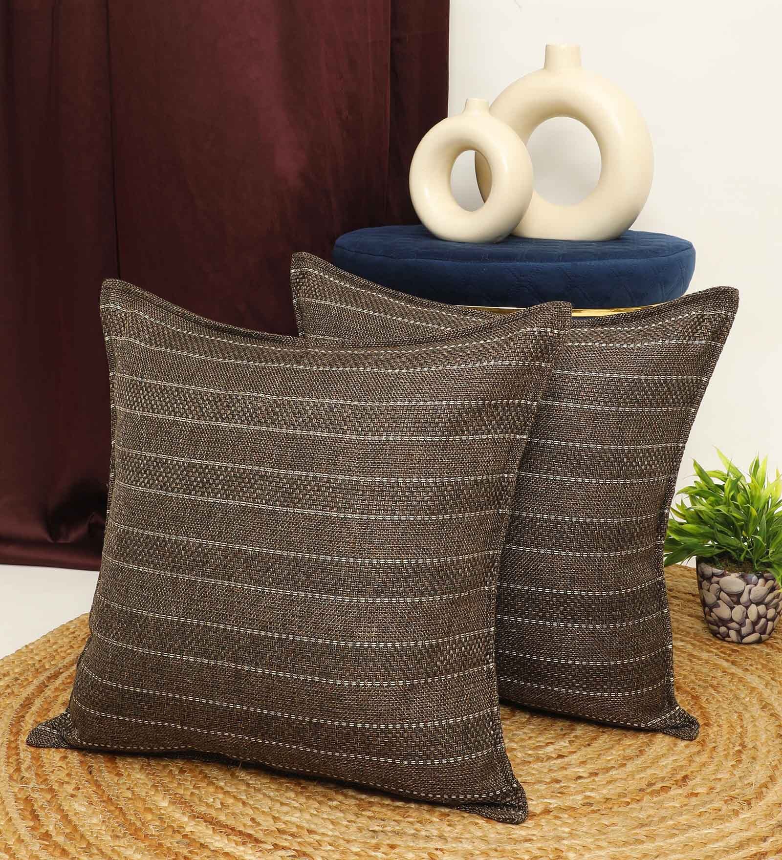 Coffee Jute Stripes 18x18 inches  Large Cushion Covers  (2Pcs)