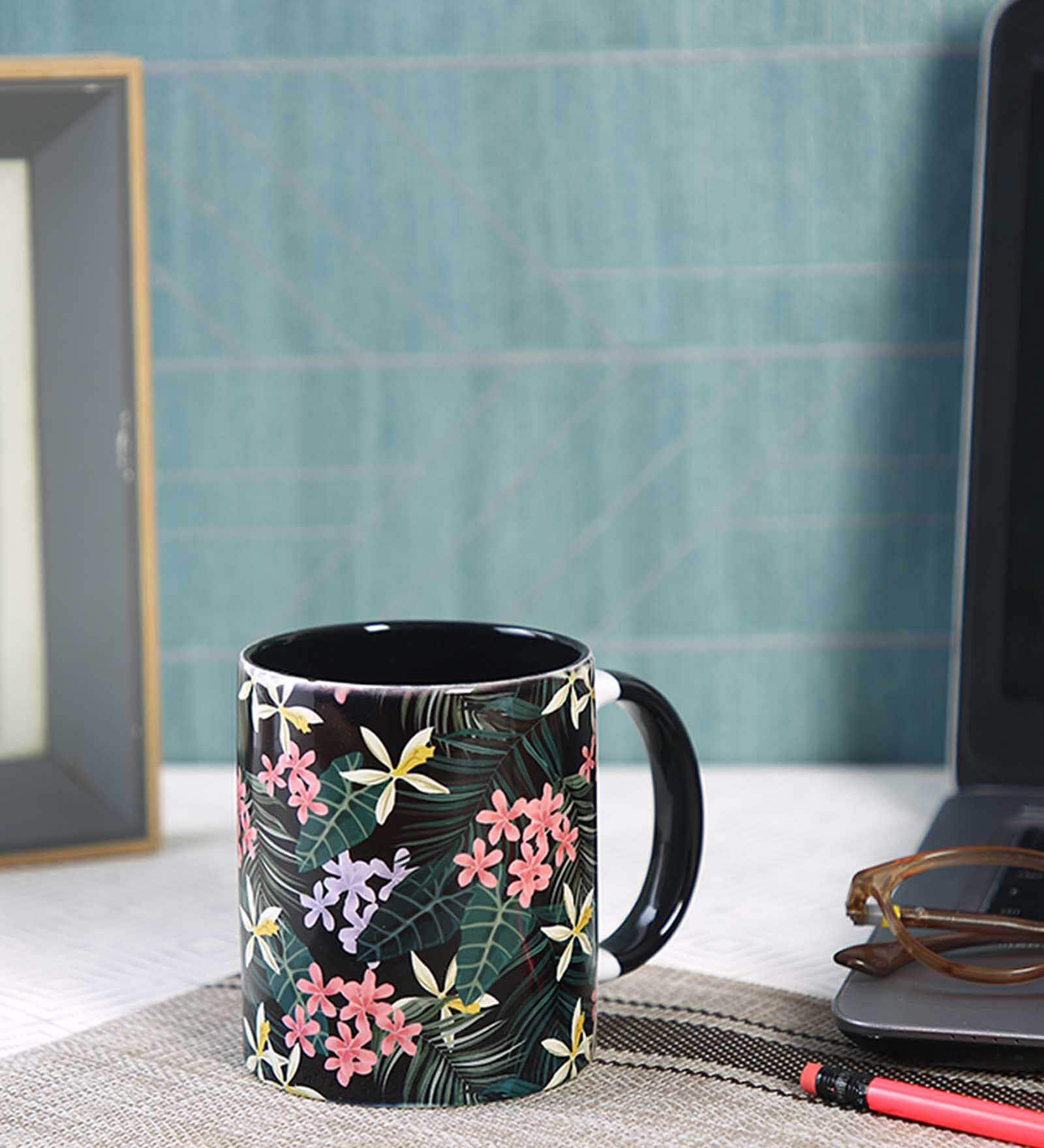Coffee Mug Inside Colour With Black & Green Floral Print