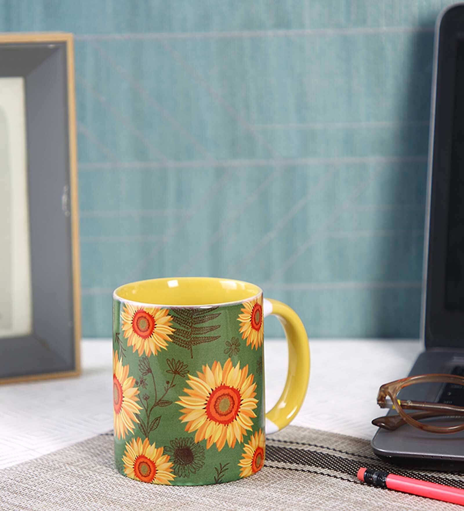 Coffee Mug Inside Colour With Green & Yellow Sunflower Print