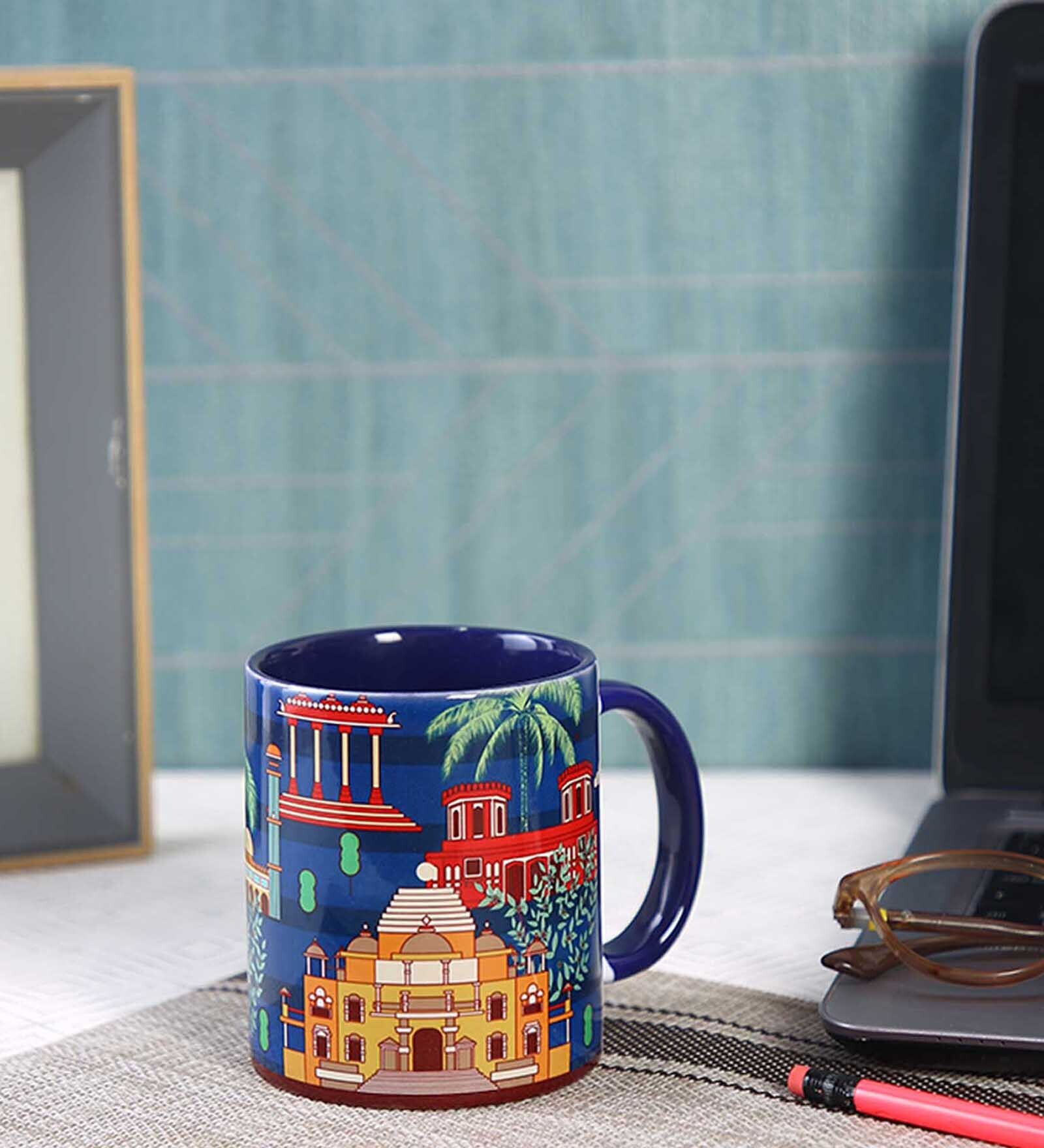 Coffee Mug Inside Colour With Navy Blue & House Print