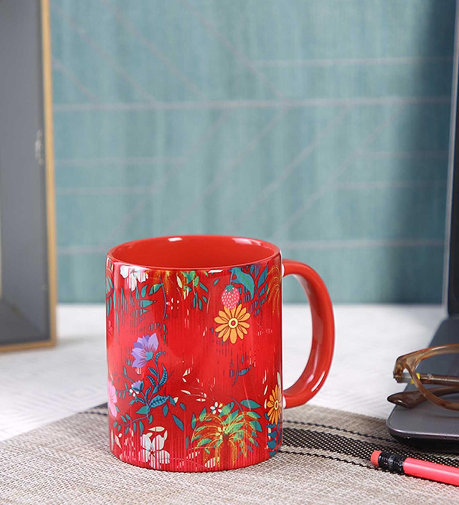 Coffee Mug Inside Colour With Red Floral Print