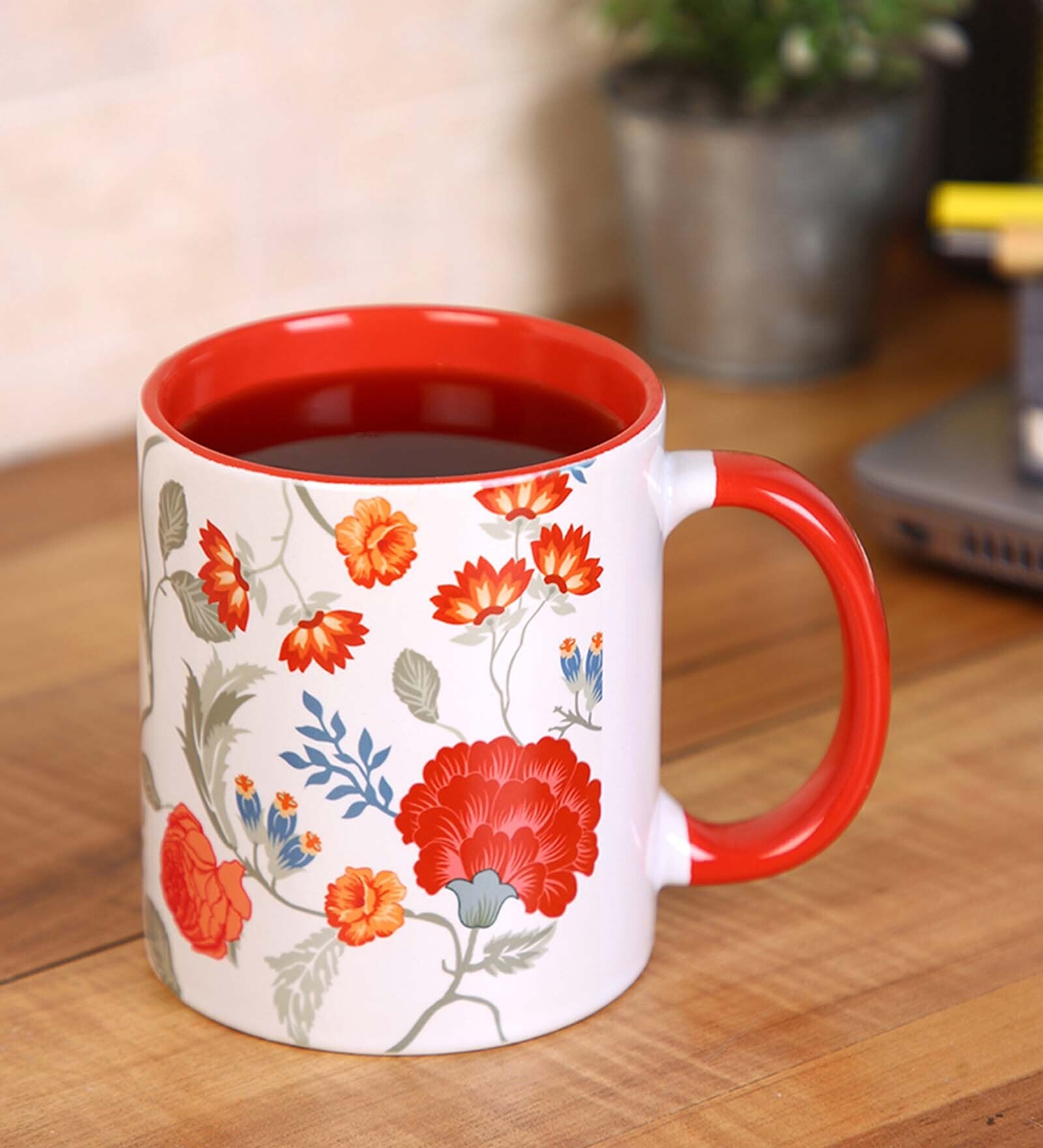 Coffee Mug Inside Colour With White & Red Floral Print