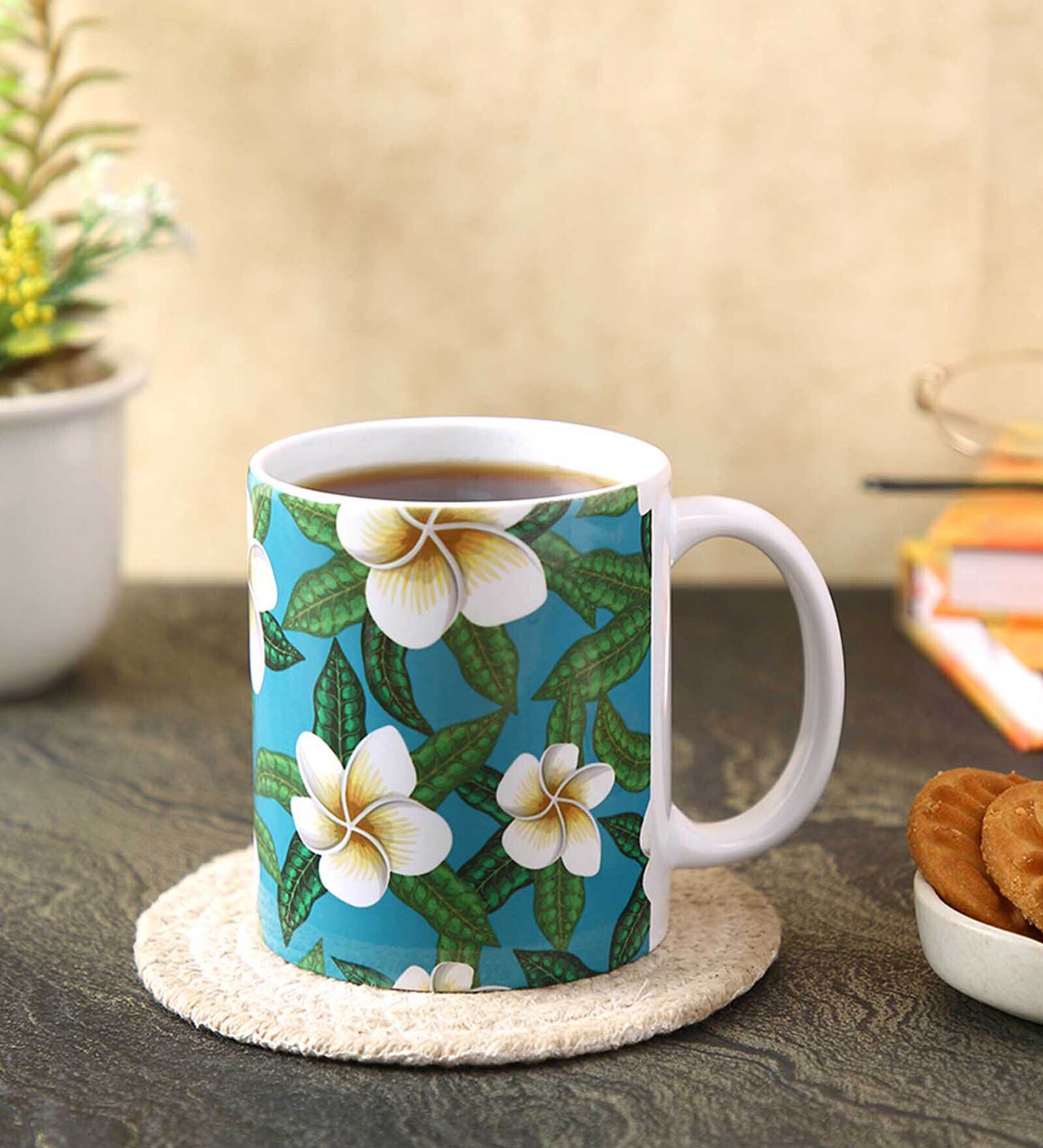 Coffee Mug With Green & White Mogra Print