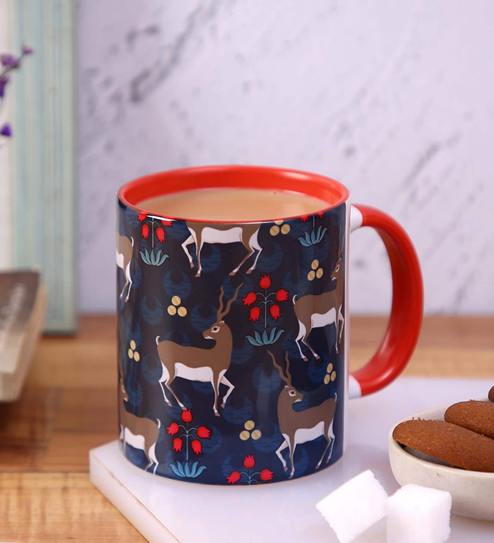 Coffee Mug With Inside Colour With Navy Blue & Grey Deer Print