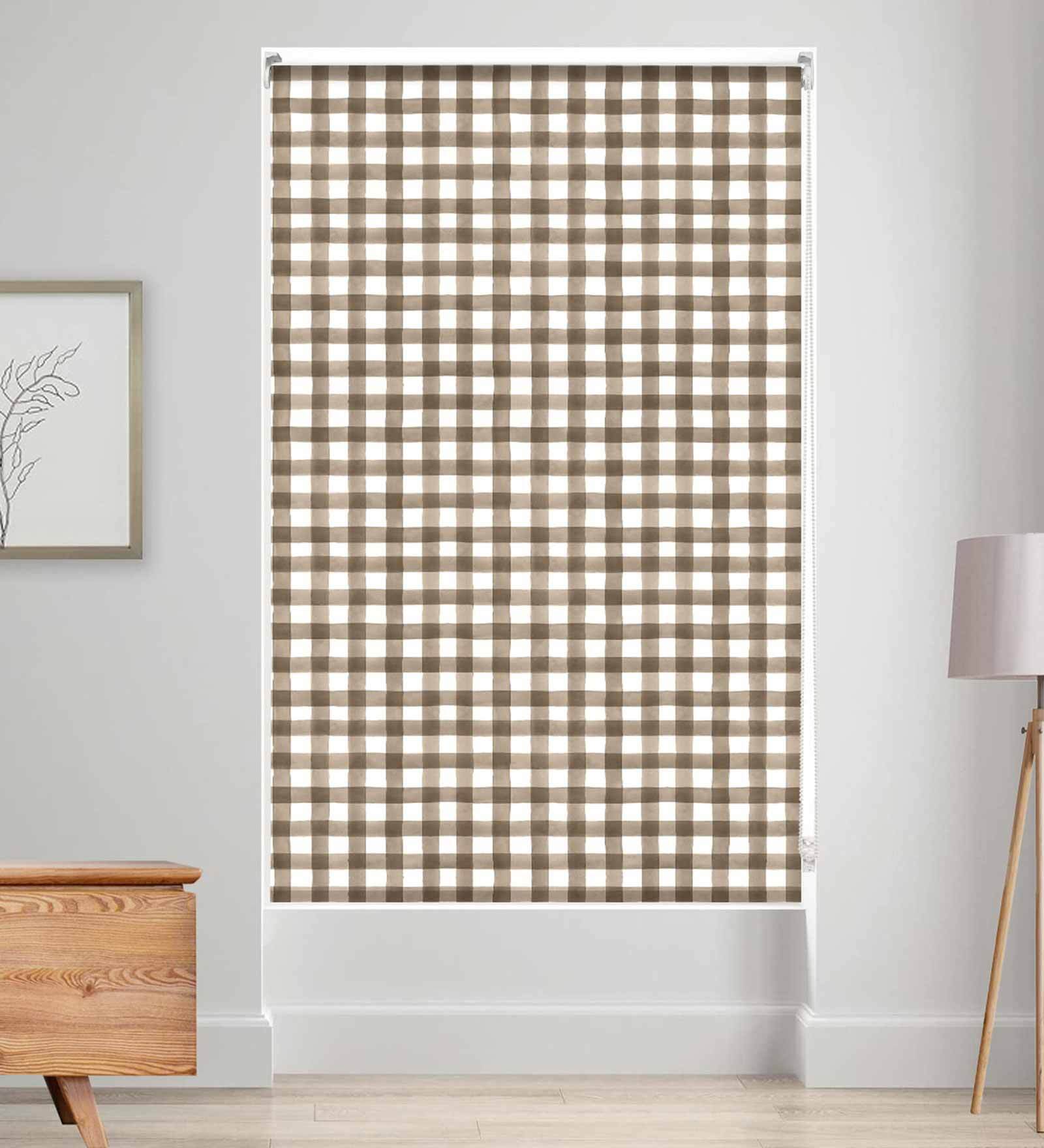 Coffee Polyester Checkered 84 X 48 Inches Semisheer Roller Blind