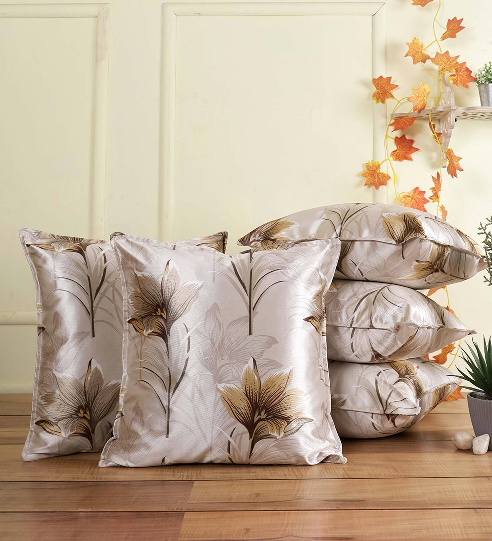 Coffee Floral Polyester Blend 16 x 16 Inch Cushion Covers (Set of 5)