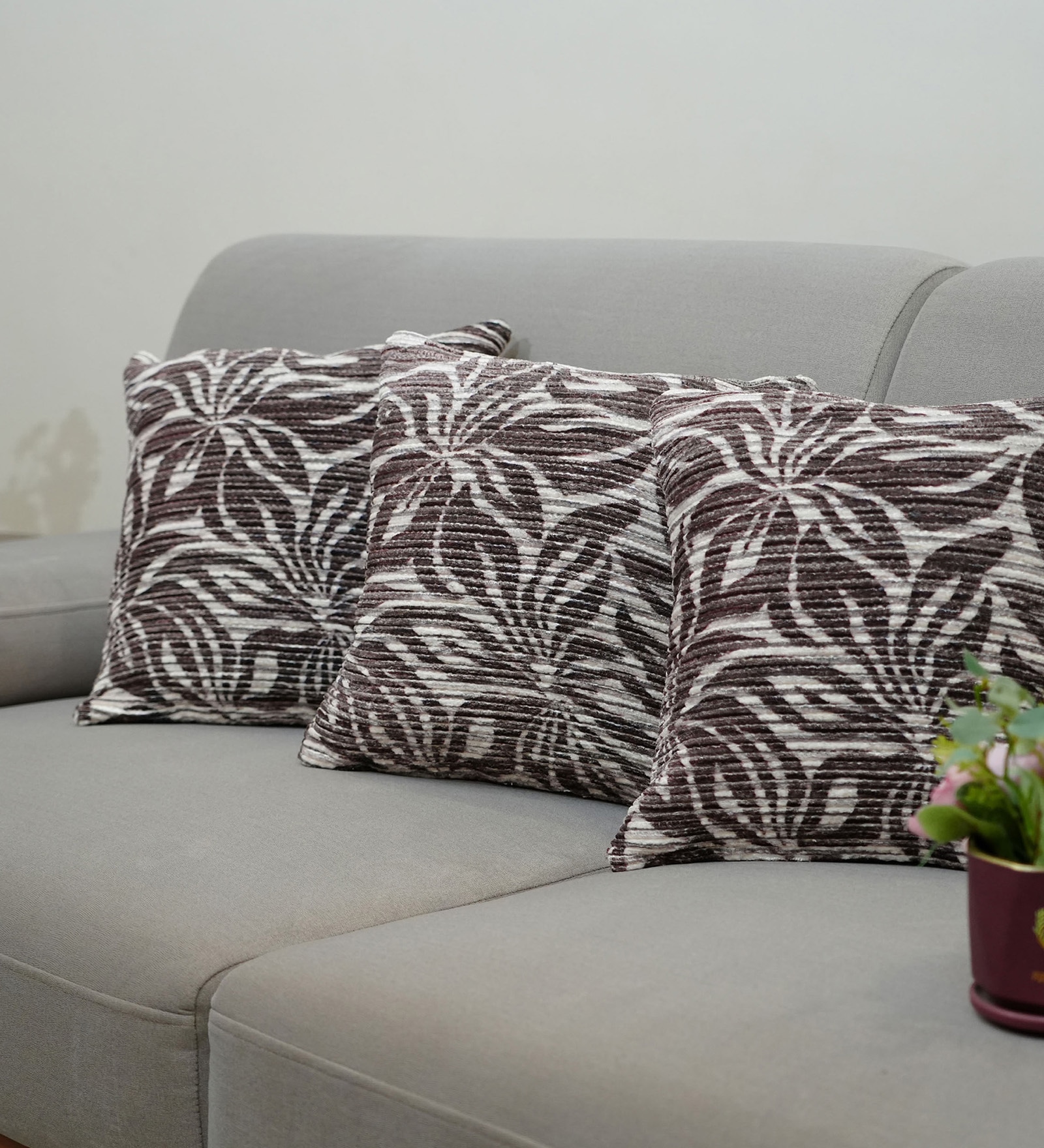 Coffee Polyester Floral 16x16 inches Cushion Covers Set of 3