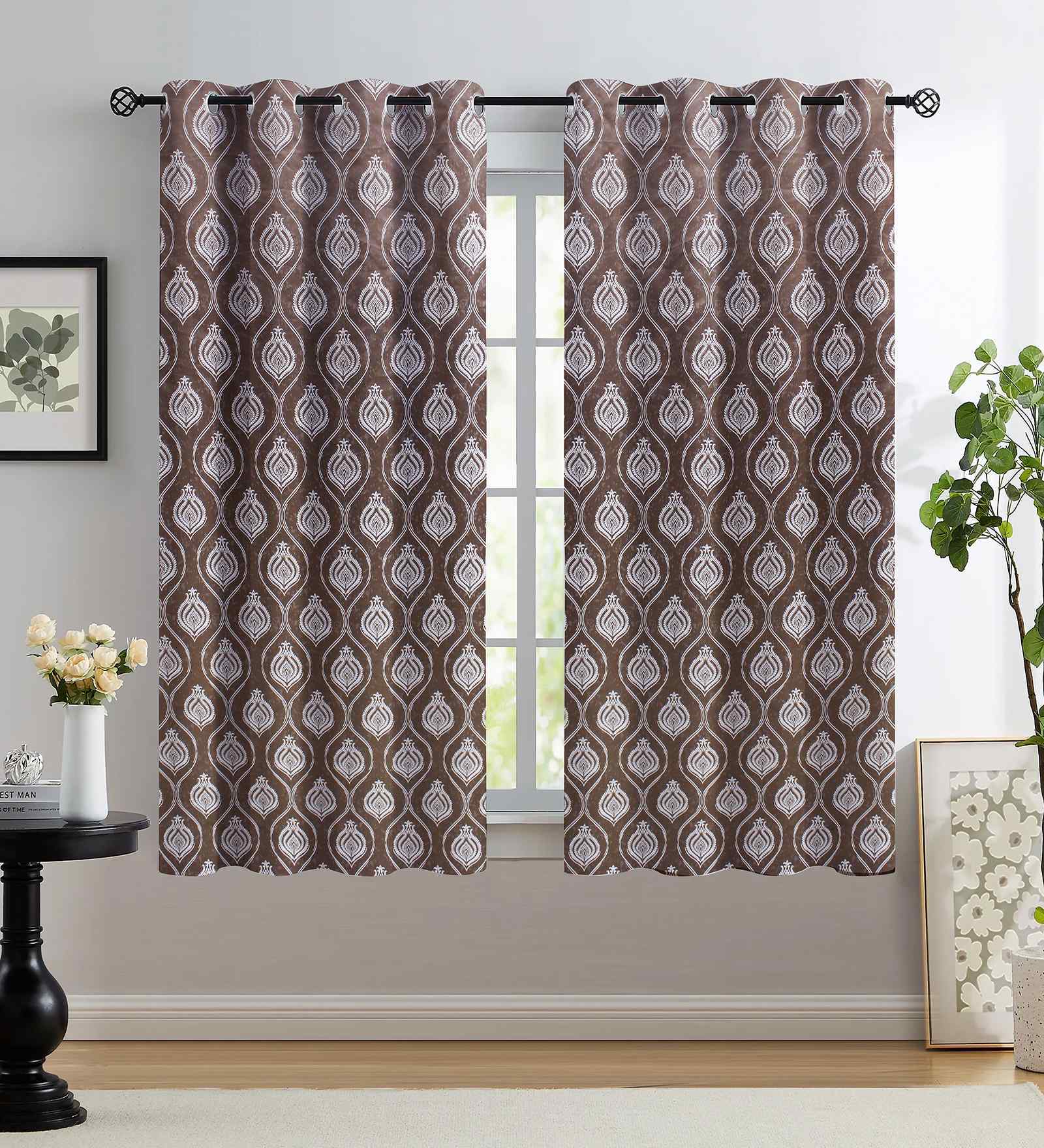 Coffee Polyester Geometric 5ft Regular Eyelets Window Curtain (2 Pc)