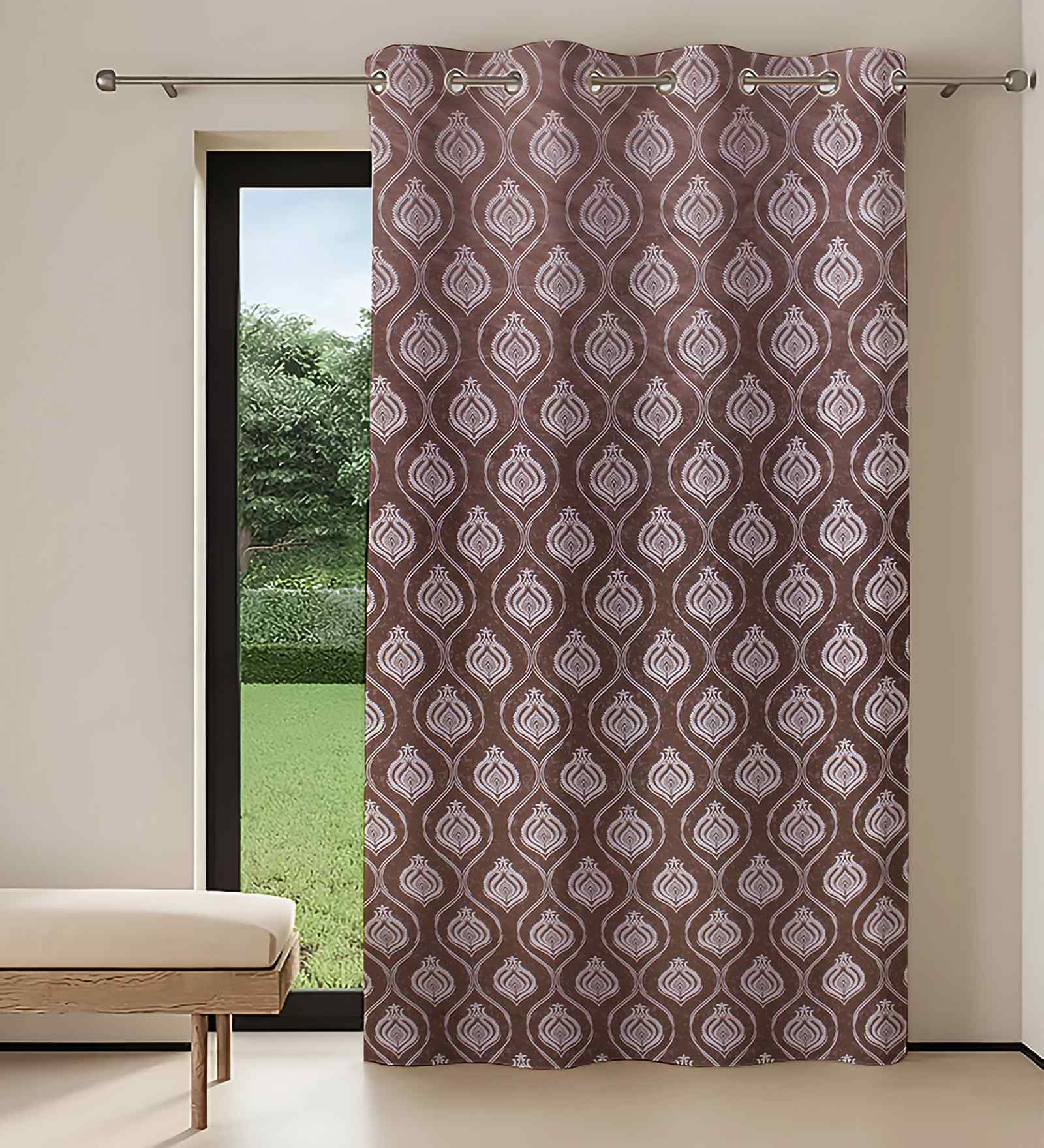 Coffee Polyester Geometric 7ft Regular Eyelets Door Curtain (1 Pc)