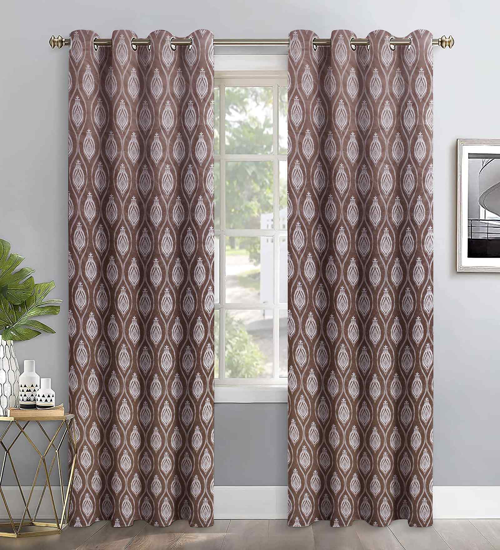Coffee Polyester Geometric 7ft Regular Eyelets Door Curtain (2 Pc)