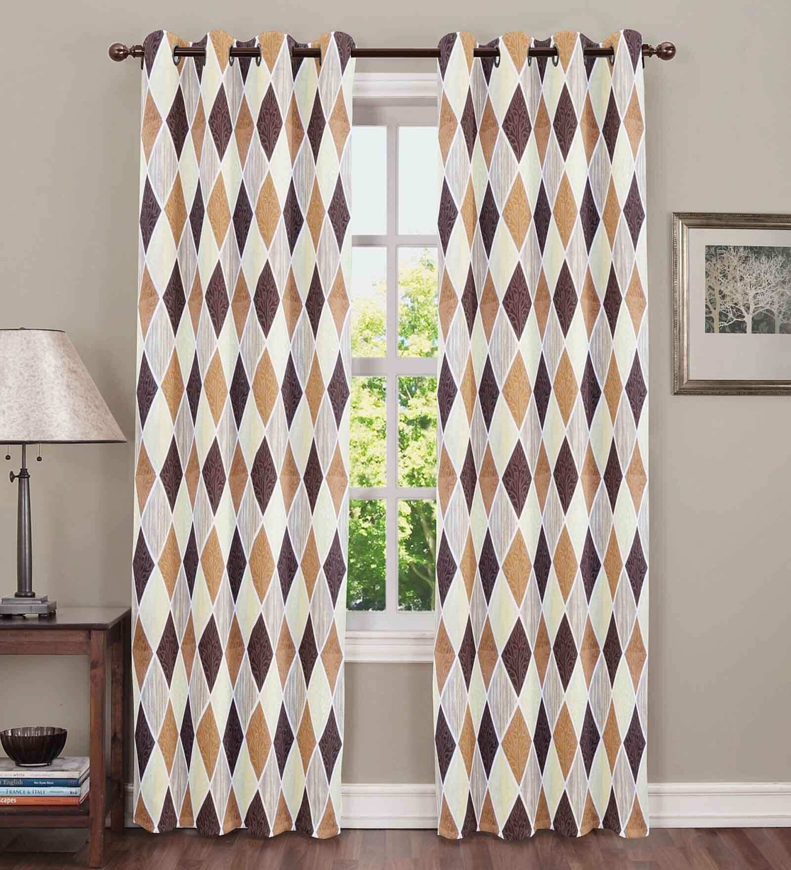 Coffee Polyester Geometric 7Ft Semisheer Eyelet Door Curtain (1 Pc)