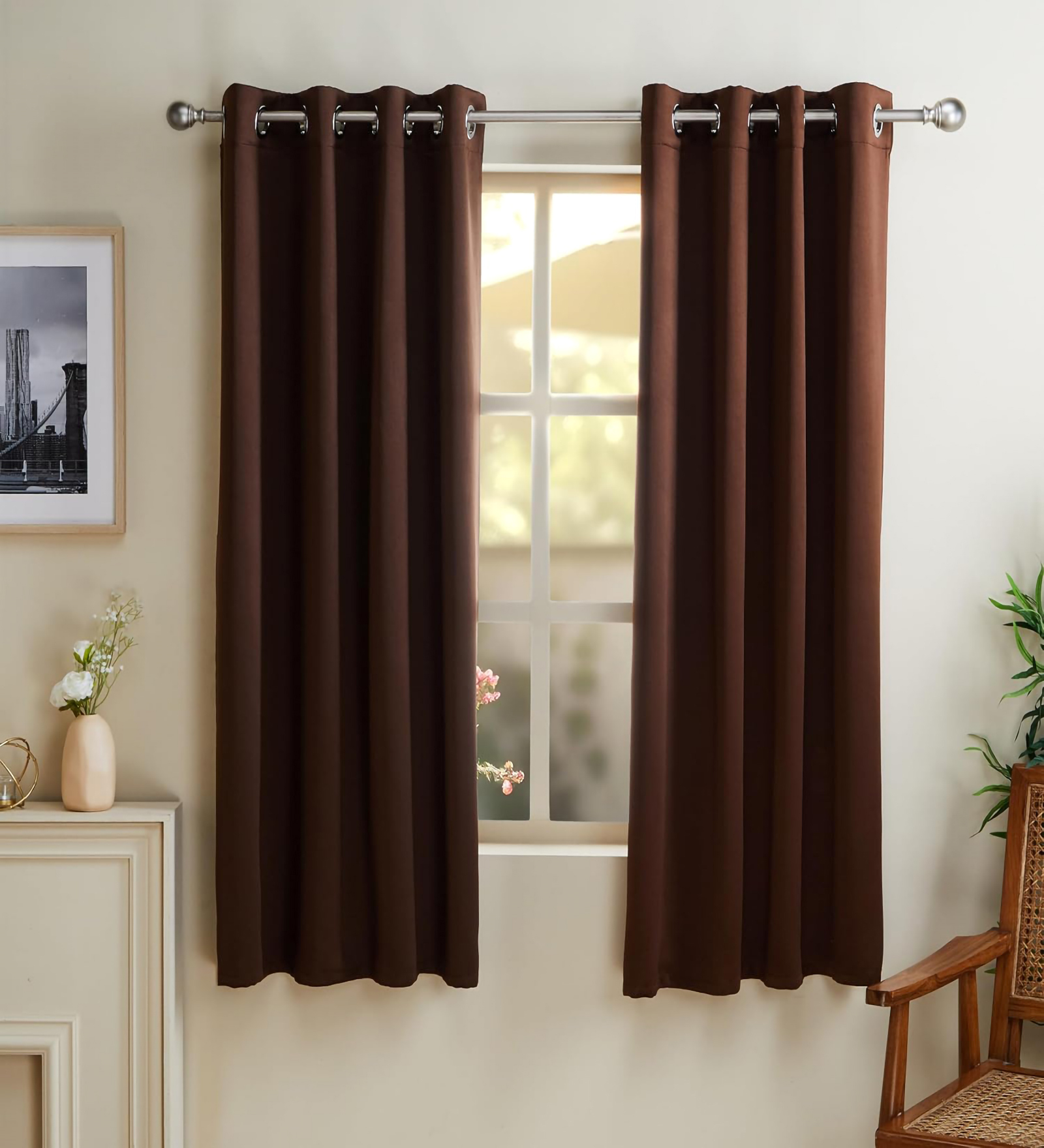 Coffee Polyester Solid 5ft Blackout Eyelet Window Curtain (2 Pc)