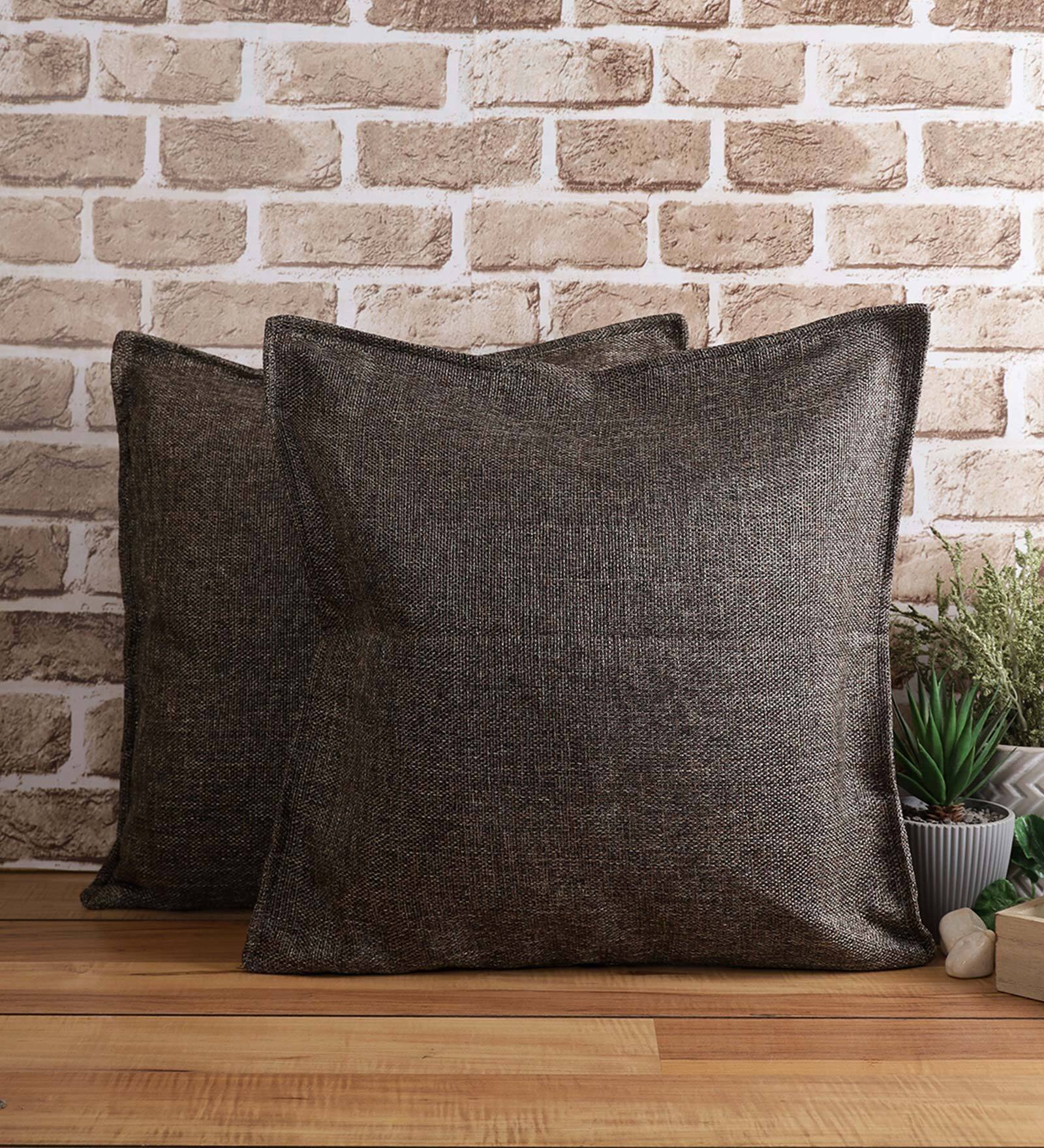 Coffee Solid Jute 18 x 18 Inches Cushion Covers (Set of 2)
